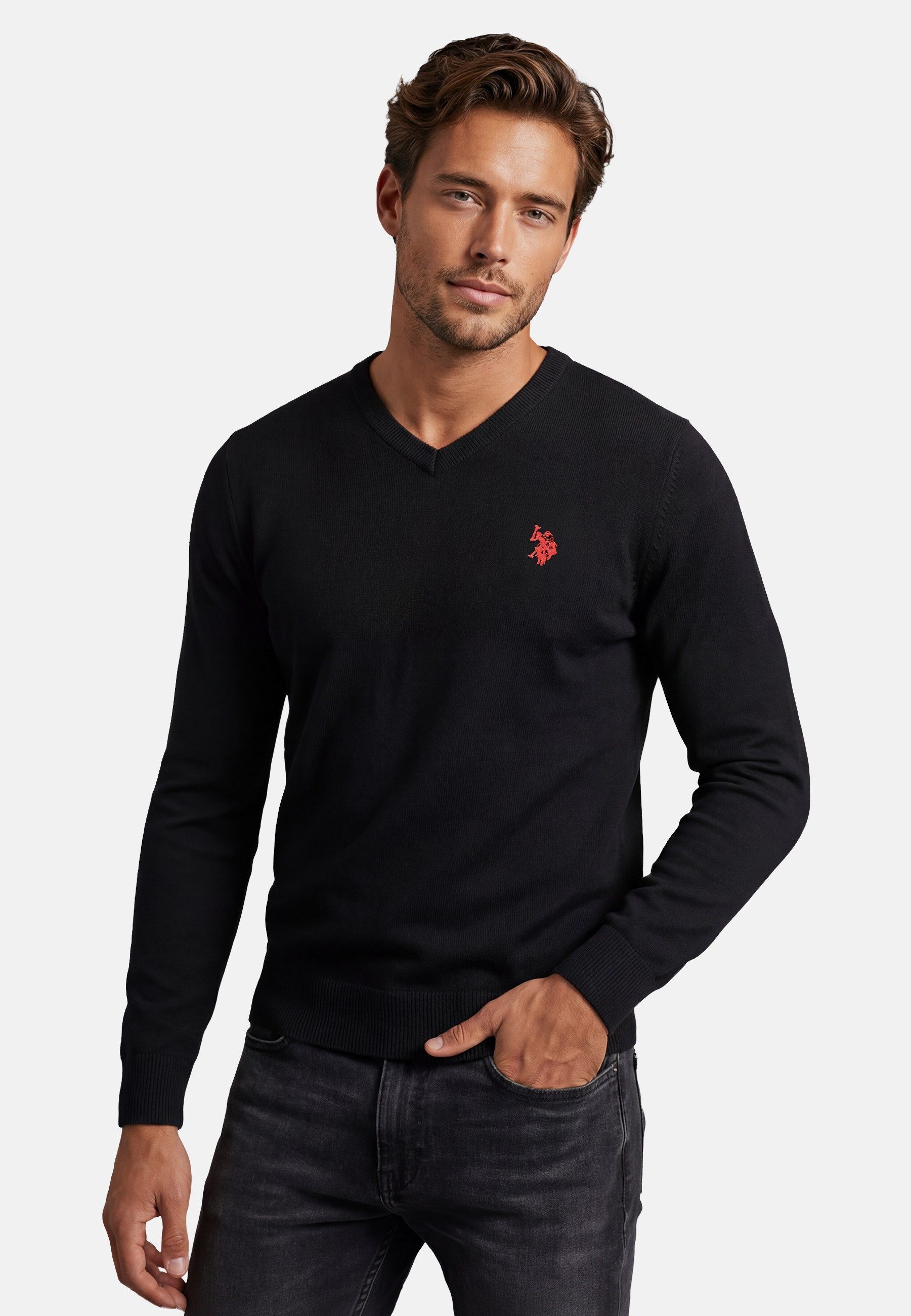 U.S. Polo Assn. V-Ausschnitt-Pullover Longsleeve USPhil – Herren V-Neck Classic Fit mit Logo-Stickerei Angenehme Baumwollmischung, weiches Material und sportiver Look