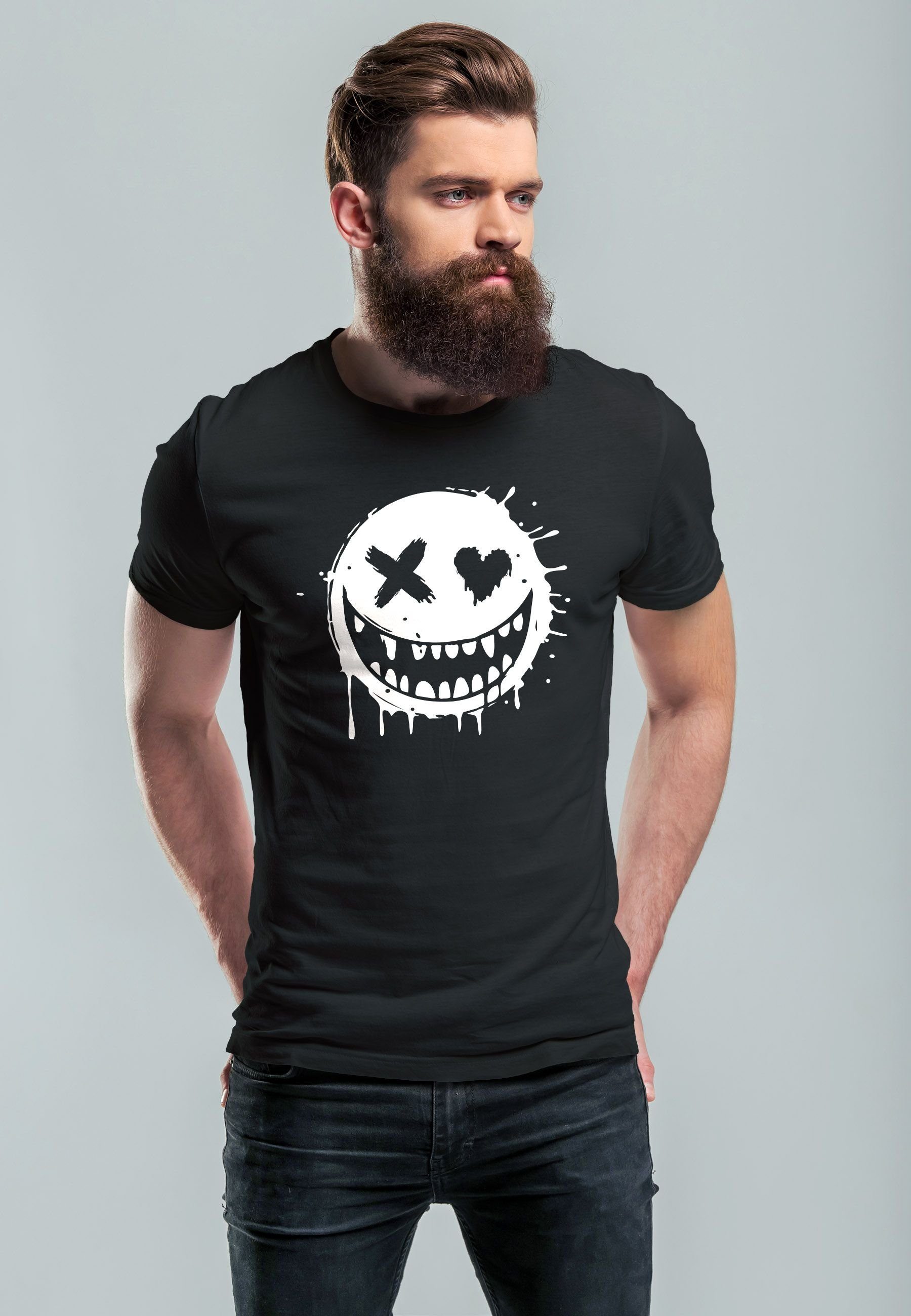 Print Aufdruck Neverless mit Print Drip schwarz Face Print-Shirt Motiv Herren Fashi Printshirt T-Shirt Smiling