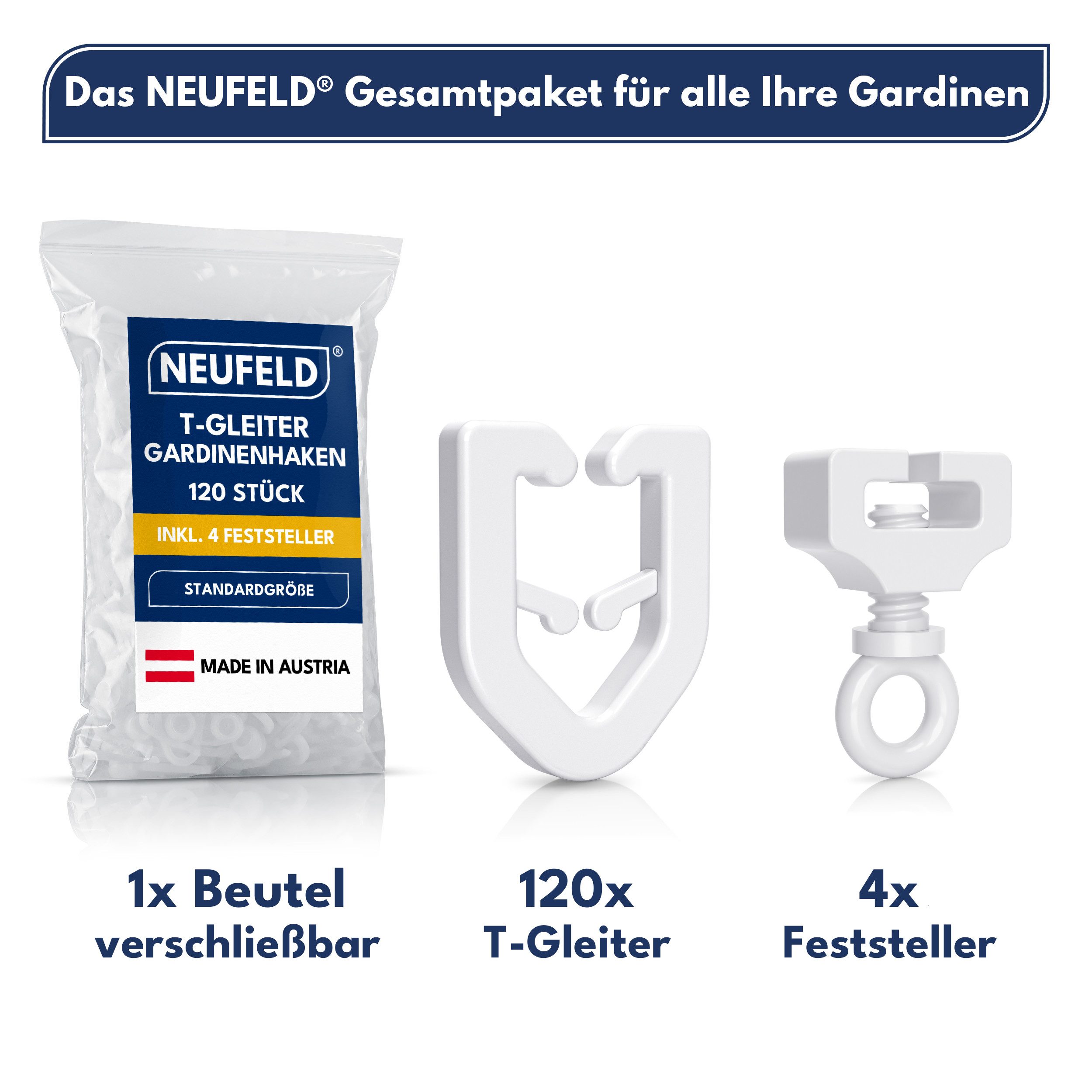 NEUFELD T-Gleiter 120 Stück inkl. 4 Feststeller – Gardinengleiter für T-Schienen, T-Gardinenschienen, Camper, Wohnwagen, Wohnmobile, (Set, 120 T-Gleiter inkl. 4 – Bild 4 von 5