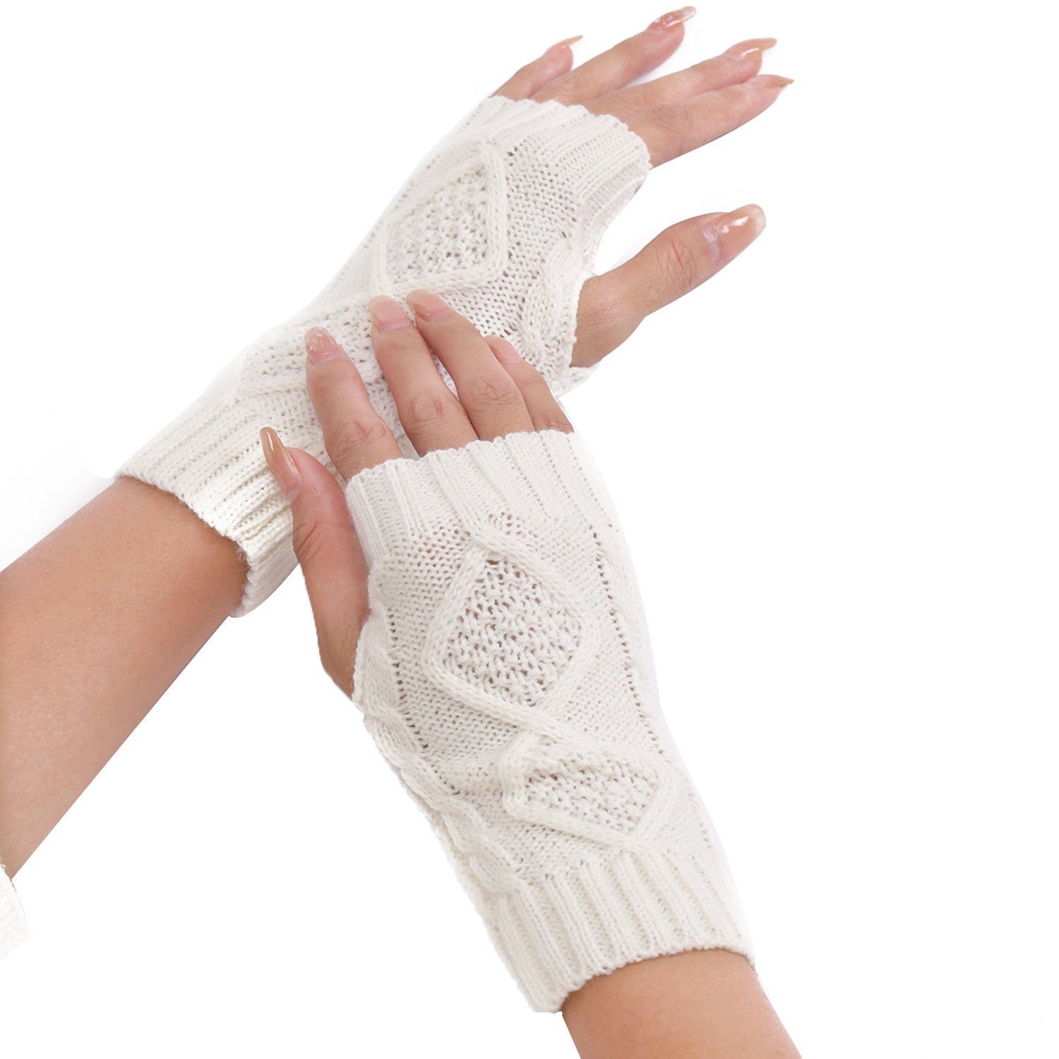 Winter Damen Weiß Fingerlose MAGICSHE Gestrickte Handschuhe Strickhandschuhe Wärmer