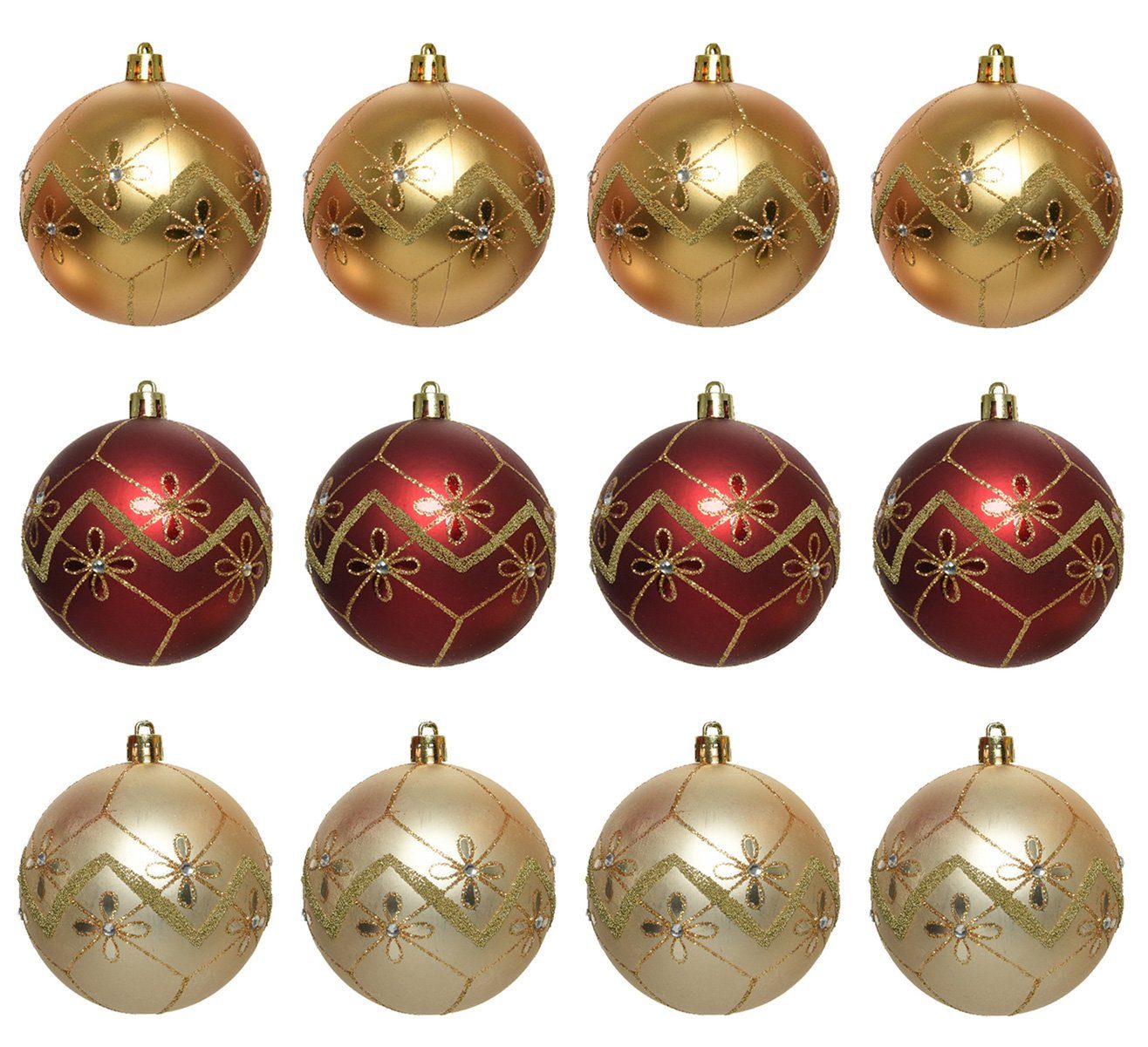 Decoris season decorations Weihnachtsbaumkugel, Weihnachtskugeln Kunststoff 8cm Ornamente 12er Set - Gold / Rot