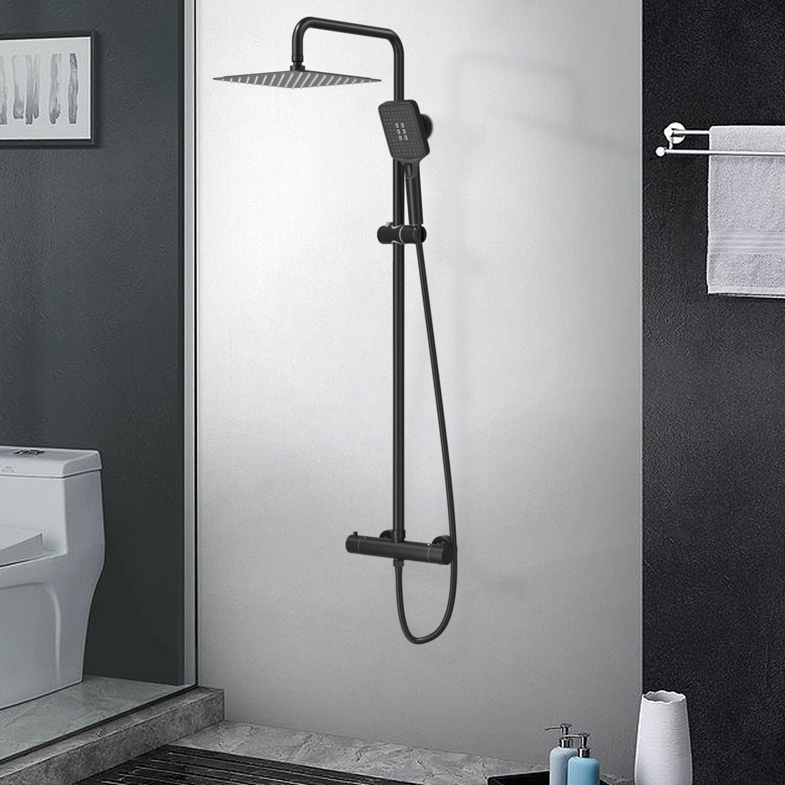 Rainsworth Duschsystem mit Thermostat, 3 Strahlart(en), komplett-set, 92-126 cm Duschstangen Edelstahl Duschamaturenset Wassersparend