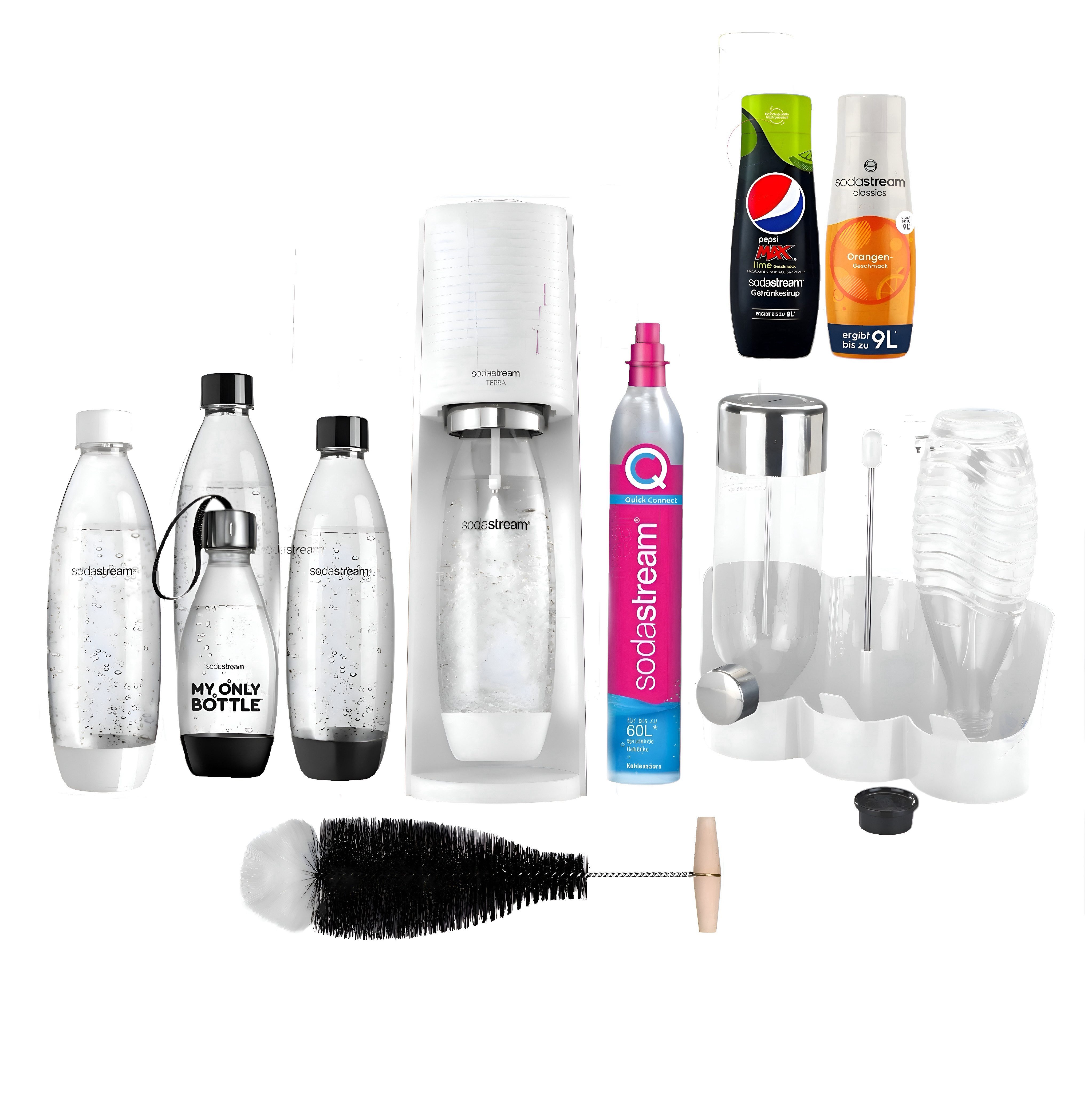 Wassersprudler TERRA Set 5 Flaschen, CO2-Zylinder, Flaschenhalter, 2x Pepsi Sirup