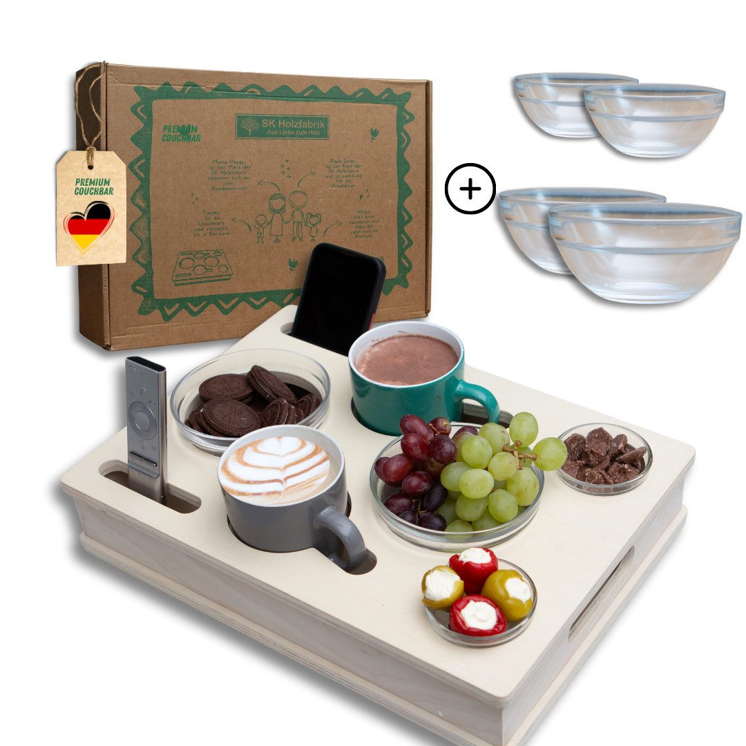 PEGSEN Servierplatte All in One Couchbar Sofatablett mit 4 Snackschalen, Birkenholz, (Set, 5-tlg., abnehmbarer Deckel, mit 4 lebensmittelechten Glasschalen), passend für Kaffeetassen, Weingläser, 0,5L Bierflaschen