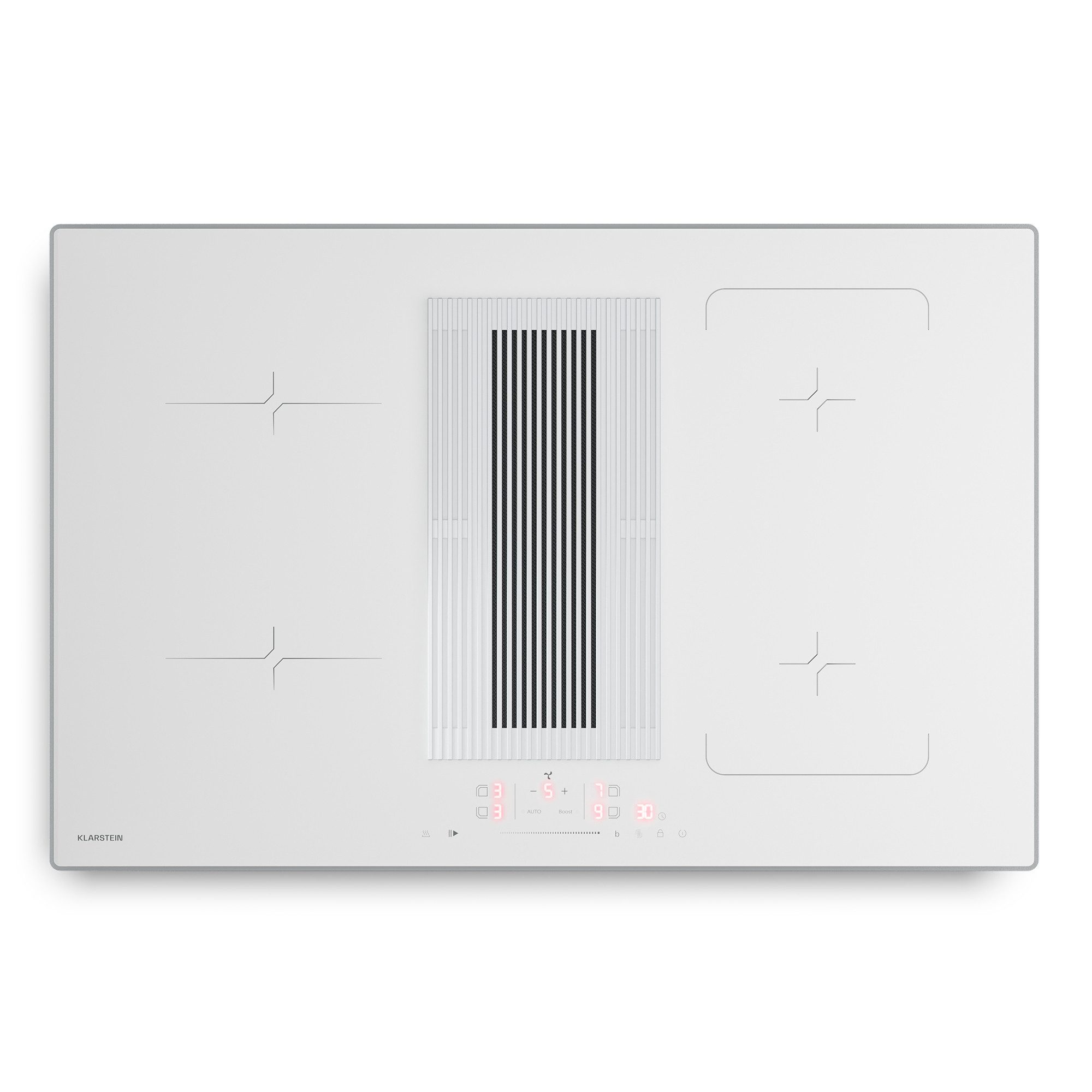 Klarstein Unterbauhaube Wonderglass Serie Wonderglass Velaire Induktion+Abzug 80cm 4 Zonen 8400W 597 m³/h Boost Wonderglass, Einbau-Kochfeld 80 cm autark mit Dunstabzughaube Touch Restwärme