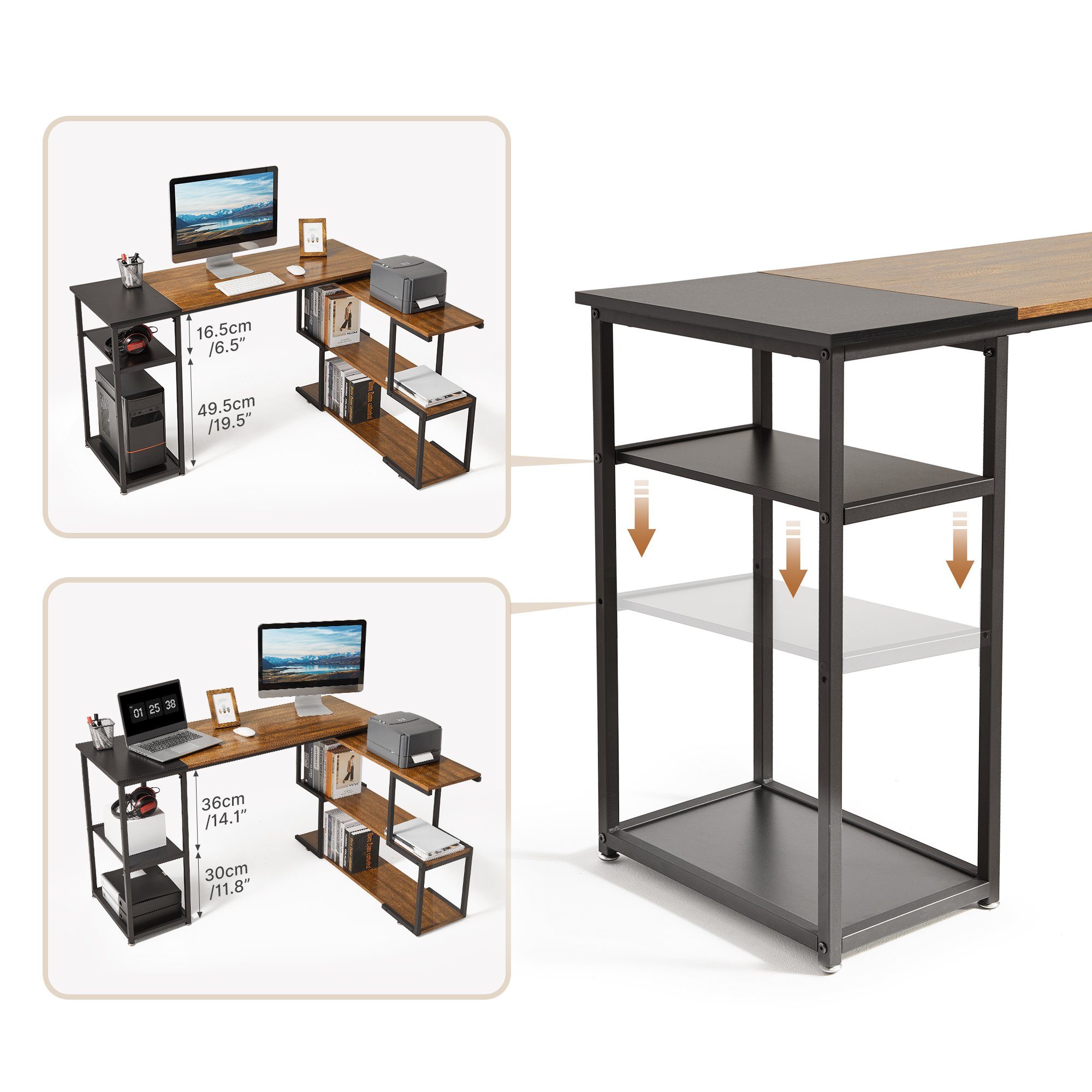 Eckschreibtisch Computertisch, Mondeer Schwarz Braun und Vintage Regale, Grad 2 S-Regal, Höhenverstellbare Drehbarem 360 mit L-förmig