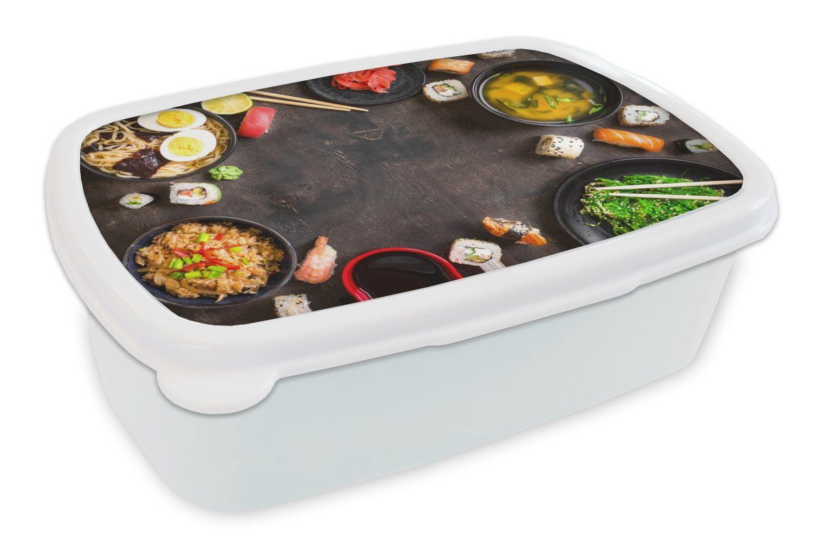 MuchoWow Lunchbox Sushi - Essstäbchen - Kräuter - Gewürze, Kunststoff, (2-tlg), Brotbox für Kinder und Erwachsene, Brotdose, für Jungs und Mädchen weiß