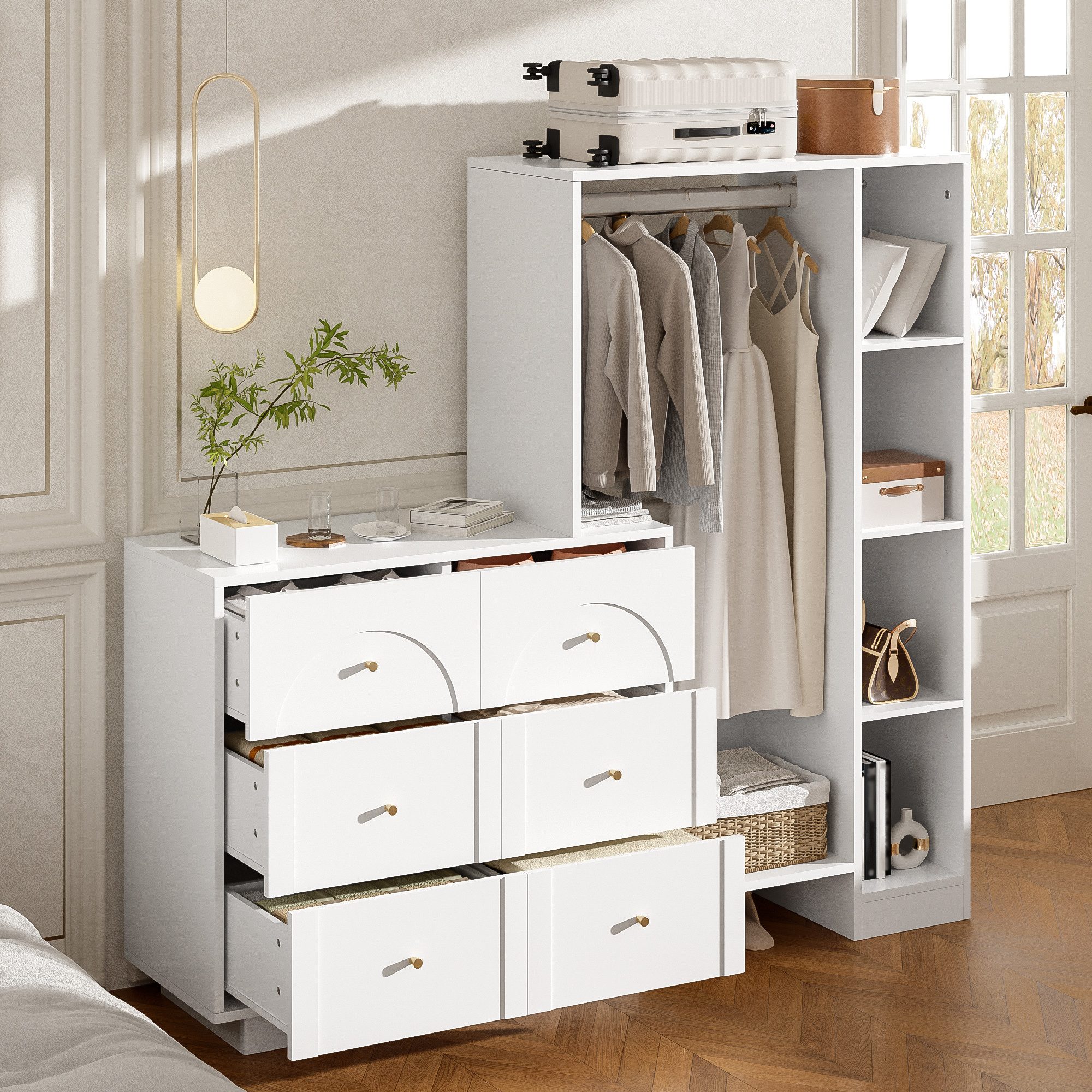i@home Mehrzweckschrank Moderner Mehrzweck-Kleiderschrank, offene Garderobe mit Kleiderstange offene Garderobe mit Kleiderstange, Weiß, 139 × 35 × 133