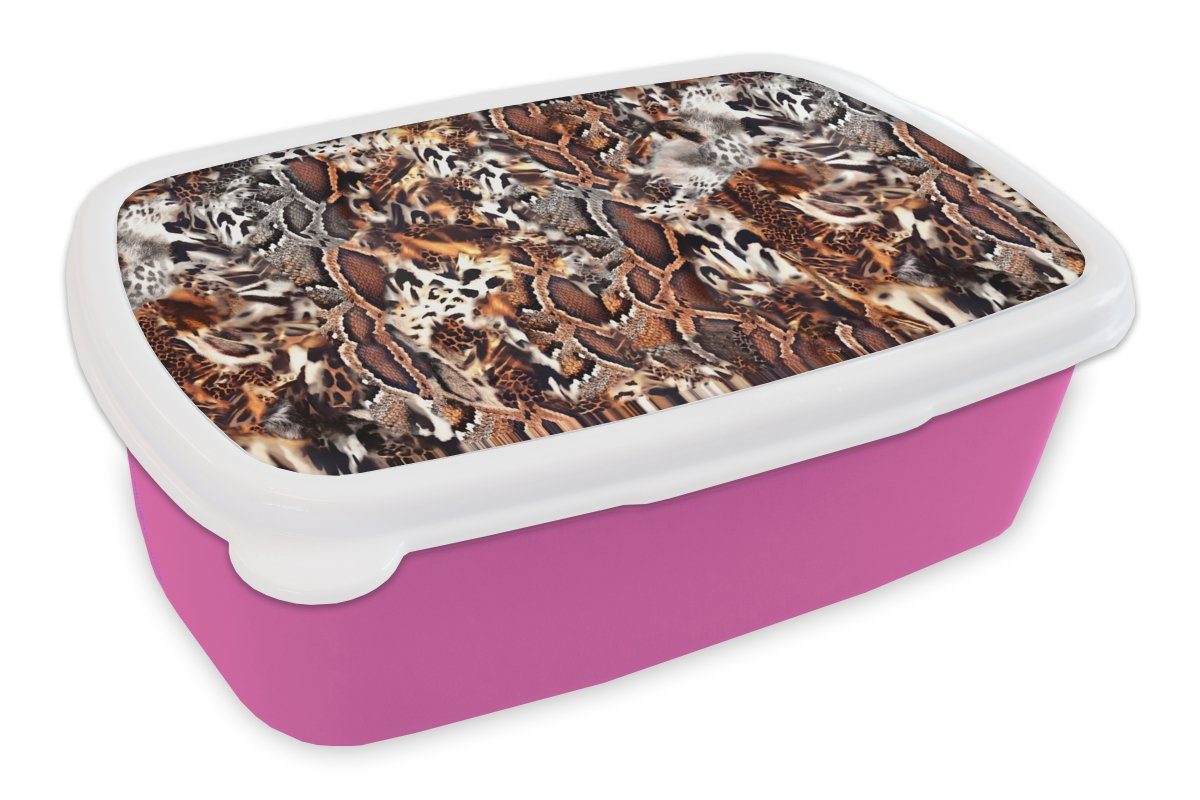 MuchoWow Lunchbox Tierdruck - Tiger - Tiere, Kunststoff, (2-tlg), Brotbox für Erwachsene, Brotdose Kinder, Snackbox, Mädchen, Kunststoff rosa