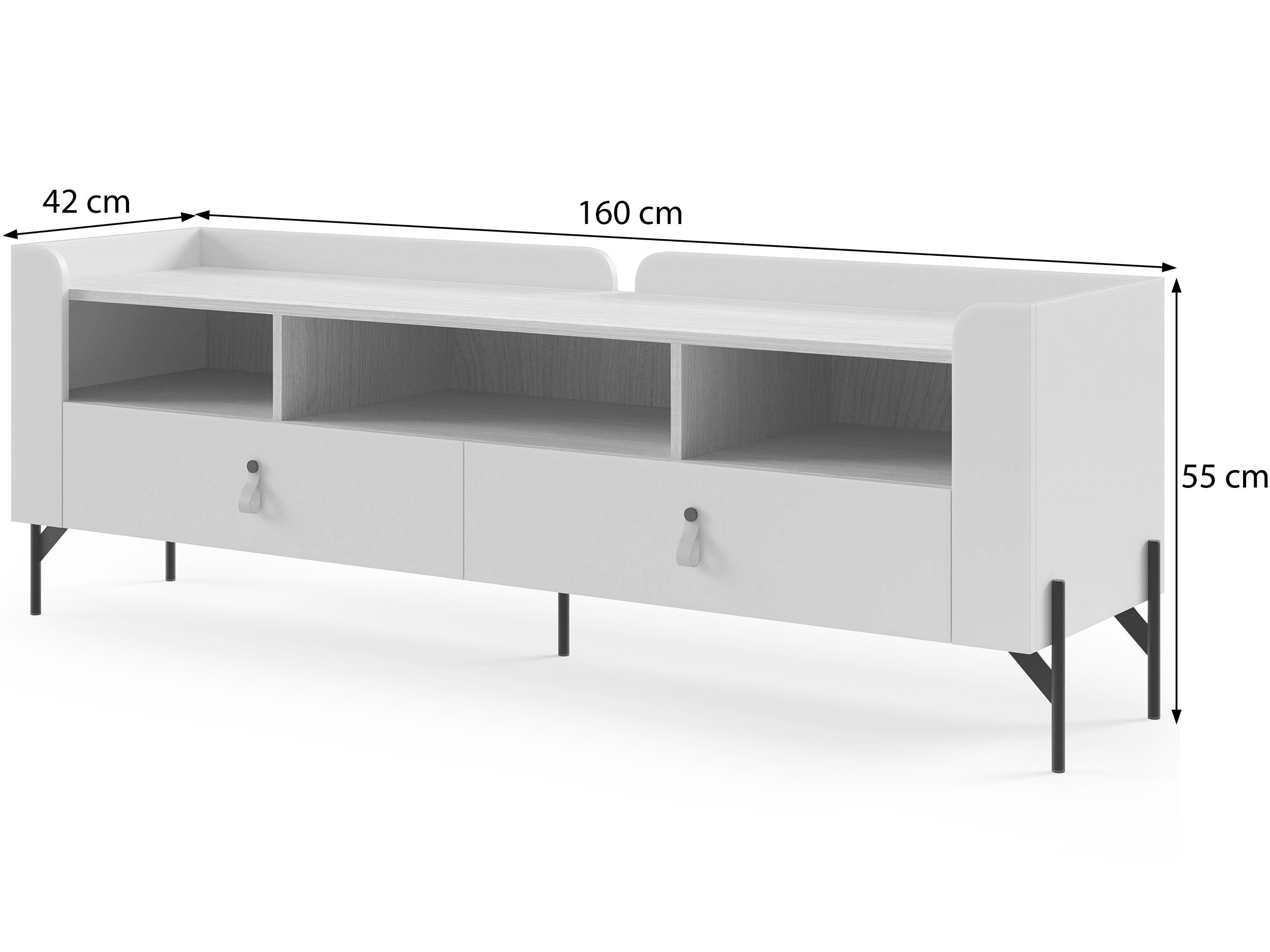 Beautysofa TV-Schrank SORELLA mit 2 Schubladen, 160 cm (modernes Lowboard mit 3 offenen Fächern, Metallfüßen und Designergriffen aus Leder) Porcini oder Macadamia mit Eiche Mavelie