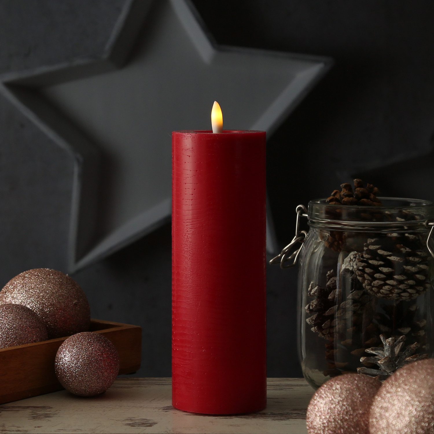 Adilina LED-Kerze LINA Rustik Optik Echtwachskerze flackernd Timer H: 20cm D: 7cm rot