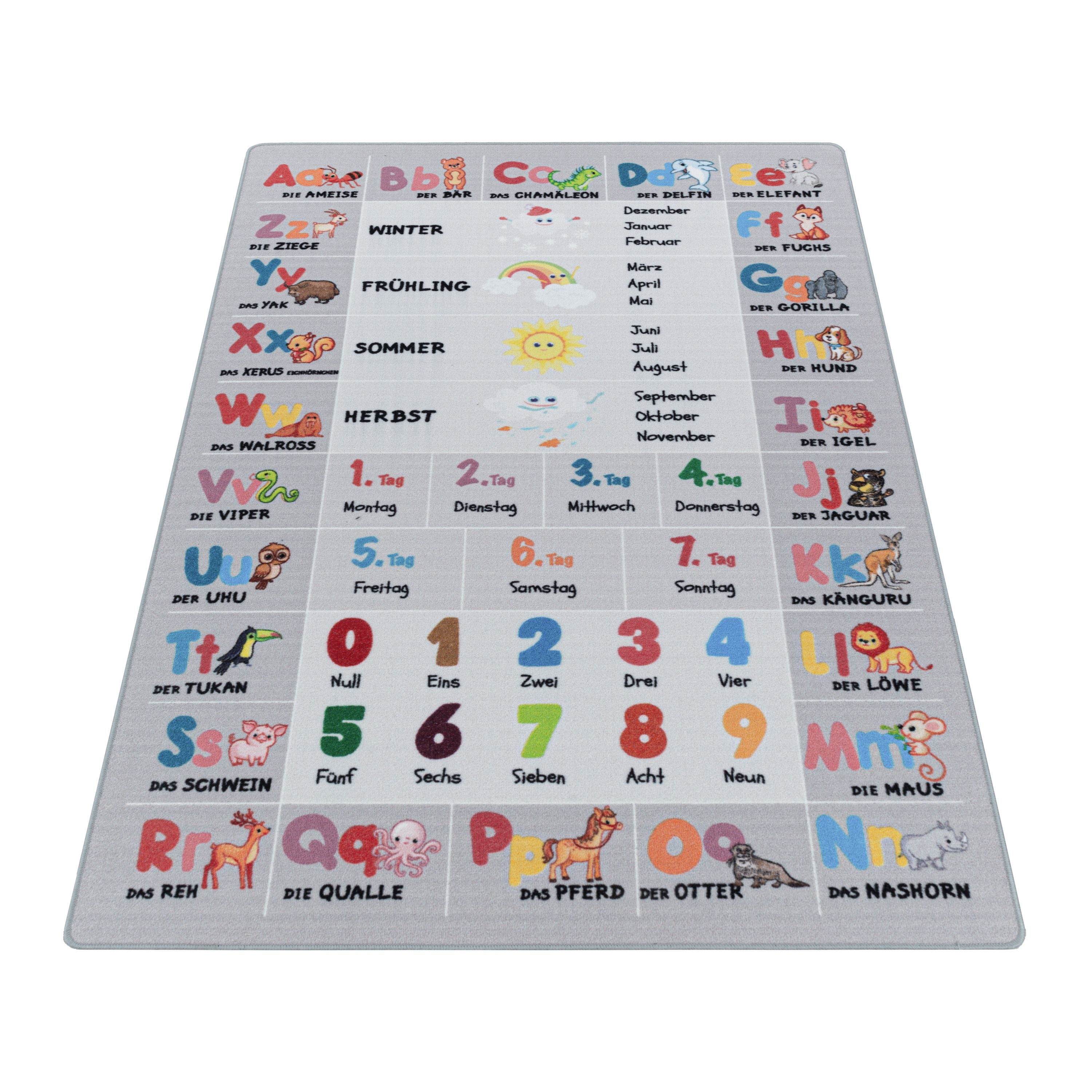 Teppium Teppich Alphabet - Buchstaben - Zahlen - Tiere, Rechteckig, Höhe: 7 mm, Teppich Kinderzimmer Alphabet-Buchstaben Rutschfest Waschbar