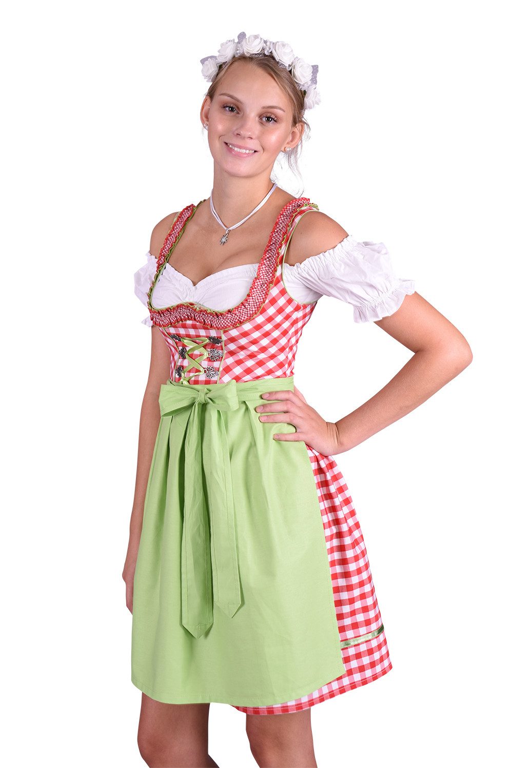 Entari Dirndl 480GT Trachtenkleid Rot Weiß kariert Golden Trachten (3tlg) Kariert