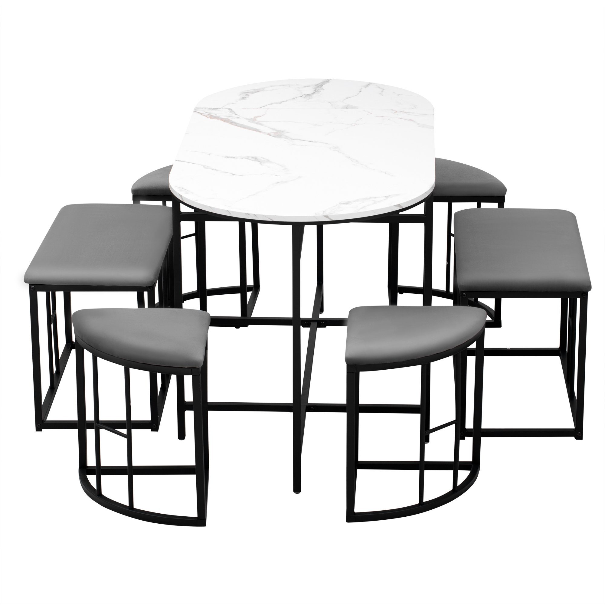 Marmoroptik), OKWISH gepolstert bank, 4 Tisch mit in 7-tlg., (1 Hocker Tisch, Hocker Tischplatte:Weiss+Beine-Schwarz Essgruppe, 2 und