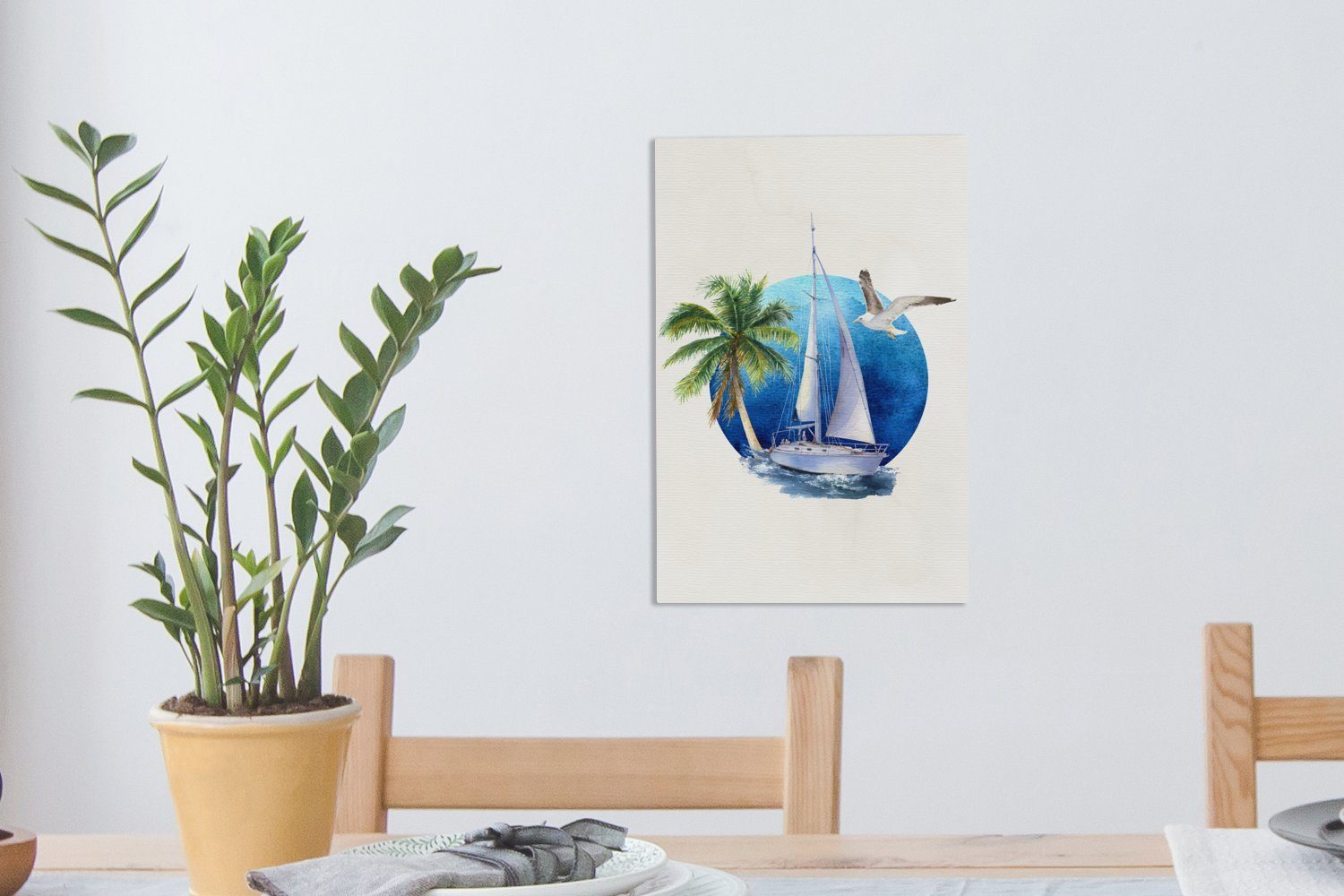 Zackenaufhänger, Segelboot Leinwandbild Gemälde, Aquarell, (1 fertig - St), OneMillionCanvasses® bespannt inkl. Meer - Leinwandbild 20x30 cm
