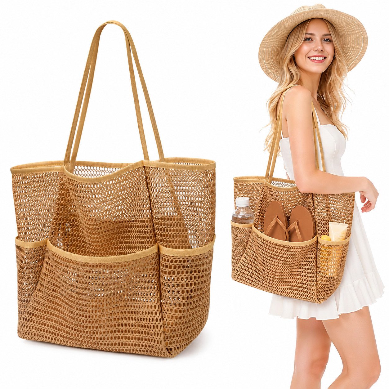 nsihing Strandtasche Strandtasche Damen Mesh, Große Faltbare Beach Tote mit Mini Fach, Leicht, Sandfest für Pool, Urlaub, Reise & Kreuzfahrt