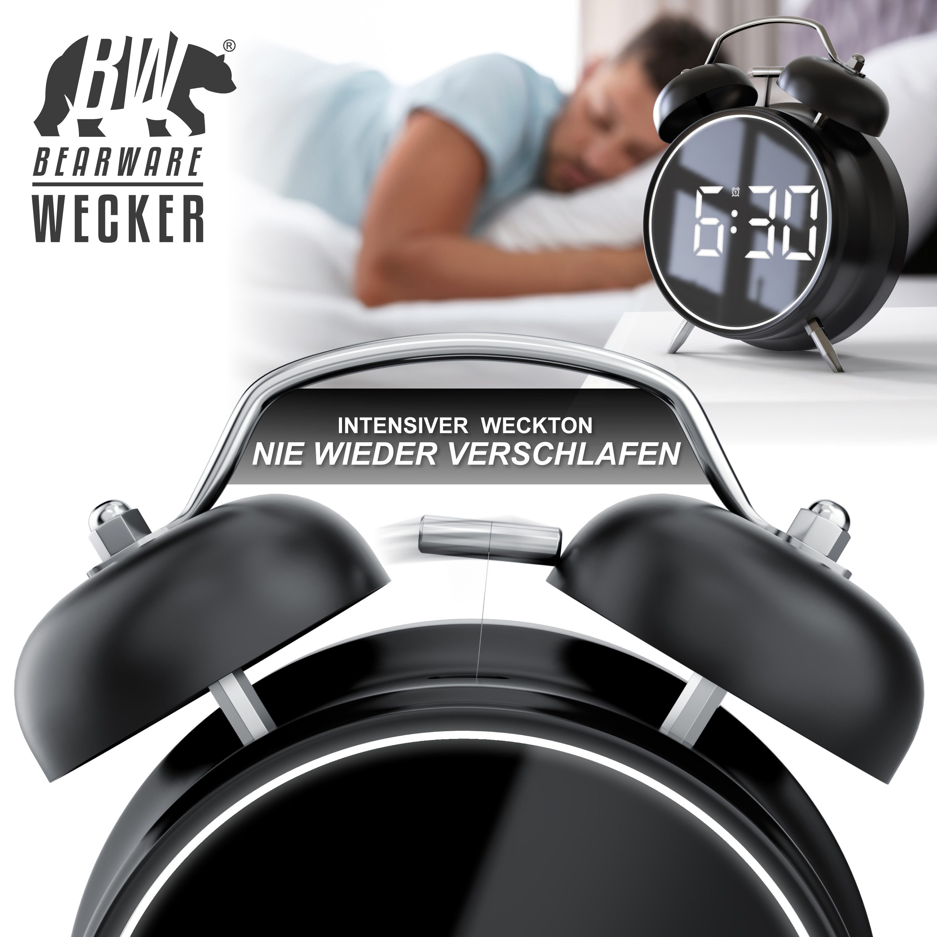 BEARWARE Wecker Digital, rund, Lichtring, Retro, lauter Glockenalarm für Tiefschläfer Einfache Bedienung, Zeit und Datum, Beleuchtet, ohne Ticken, Vintage