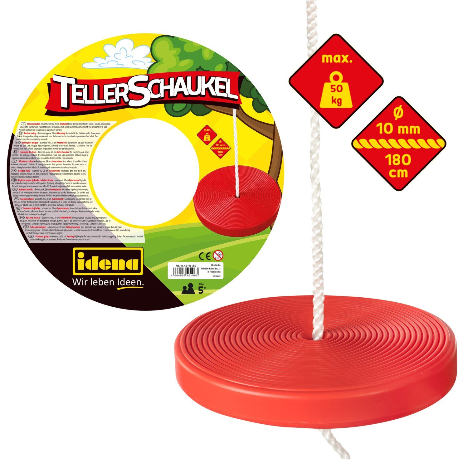 Einzelschaukel Idena 40196 - Tellerschaukel aus Kunststoff in rot, für Kinder ab 3