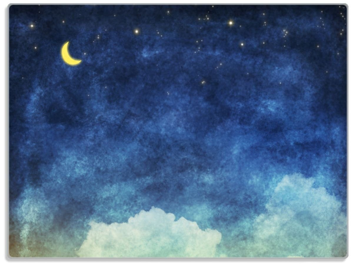 Wallario Schneidebrett Wolkenhimmel mit ESG-Sicherheitsglas, 1-St), rutschfester (inkl. Mond Gummifüße und 4mm, Sternen, 30x40cm