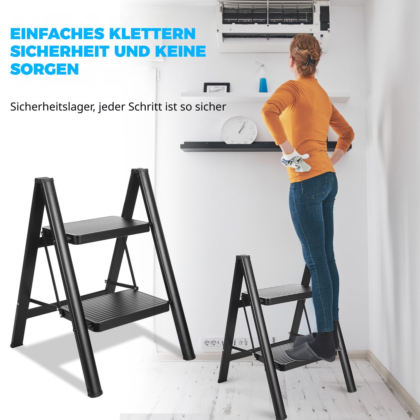 BlingBin Trittleiter 2 / 3 / 4 Stufen klappbare Küchenleiter mit breiten Stufen (1er Set, 1-St., 39*45*54 cm(T x B x H), Antirutsch-Oberfläche, belastbar bis 150 kg für Haushalt & Büro