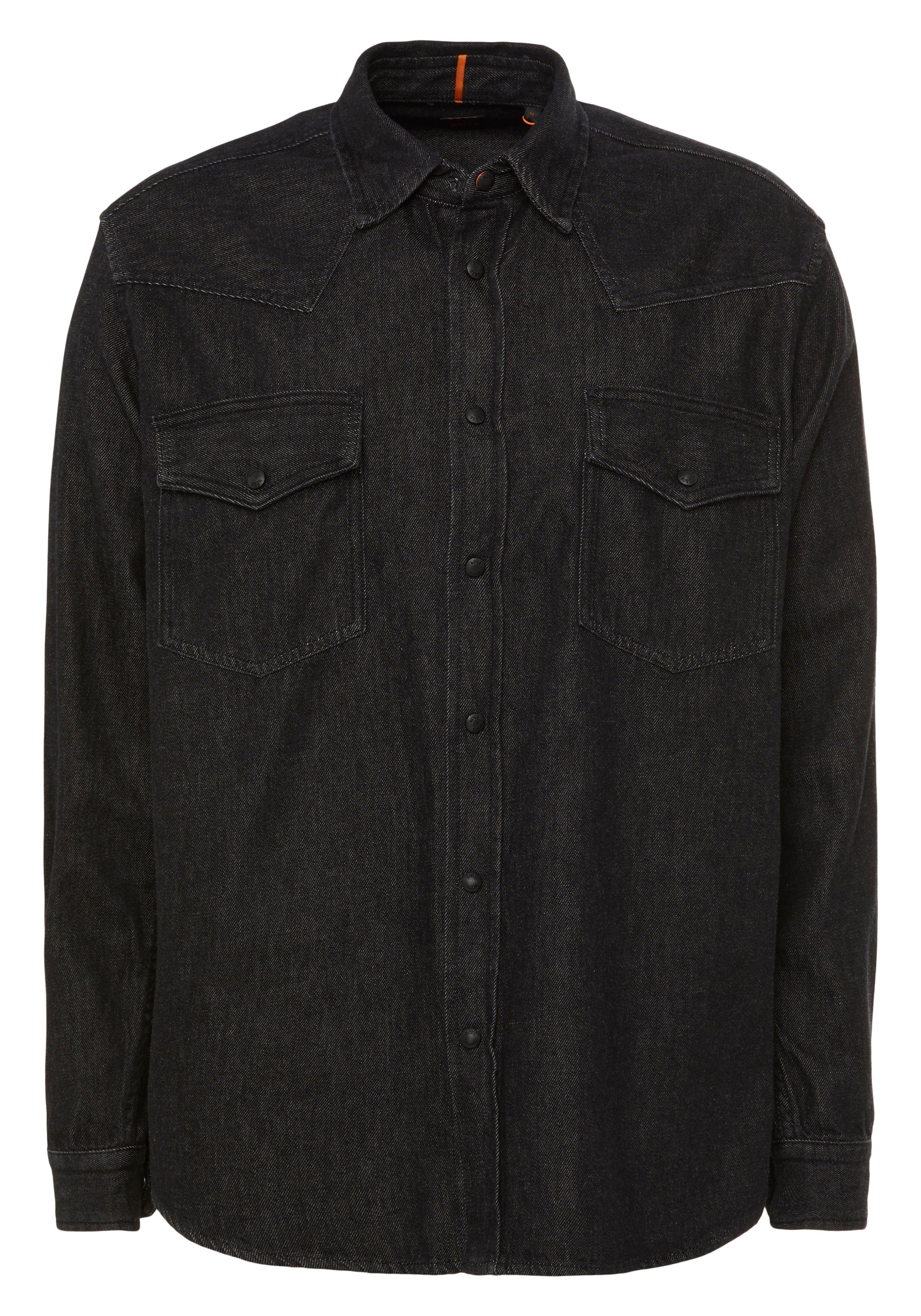 BOSS ORANGE passendener Black Langarmhemd mit BOSS farblich Lebop Knopfleiste von