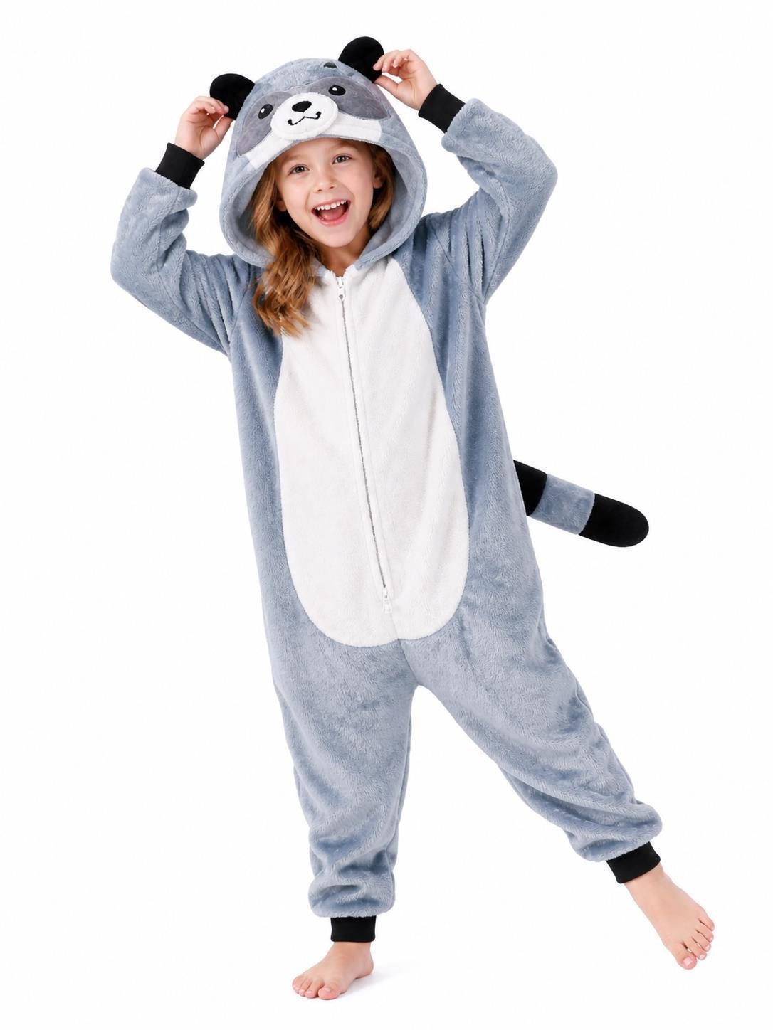 Corimori Jumpsuit Flauschiges Waschbär-Kostüm für Kinder, Karneval Fasching Kostüm (2-tlg) Jumpsuit, Pyjama, Fasching, Kigurumi, Tierkostüme, Waschbär "Lina"