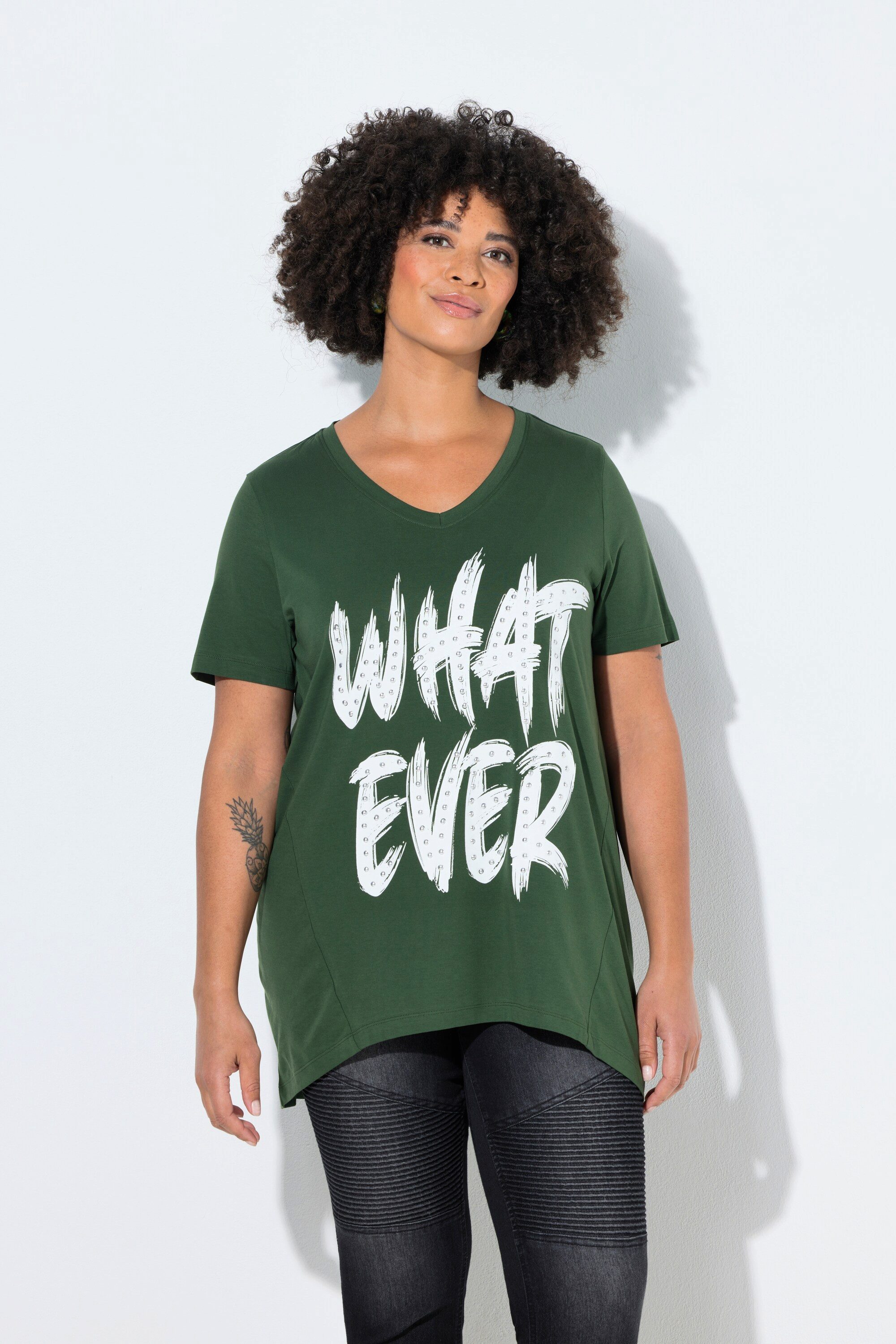 T-Shirt T-Shirt A-Linie Schriftzug mit Ziernieten