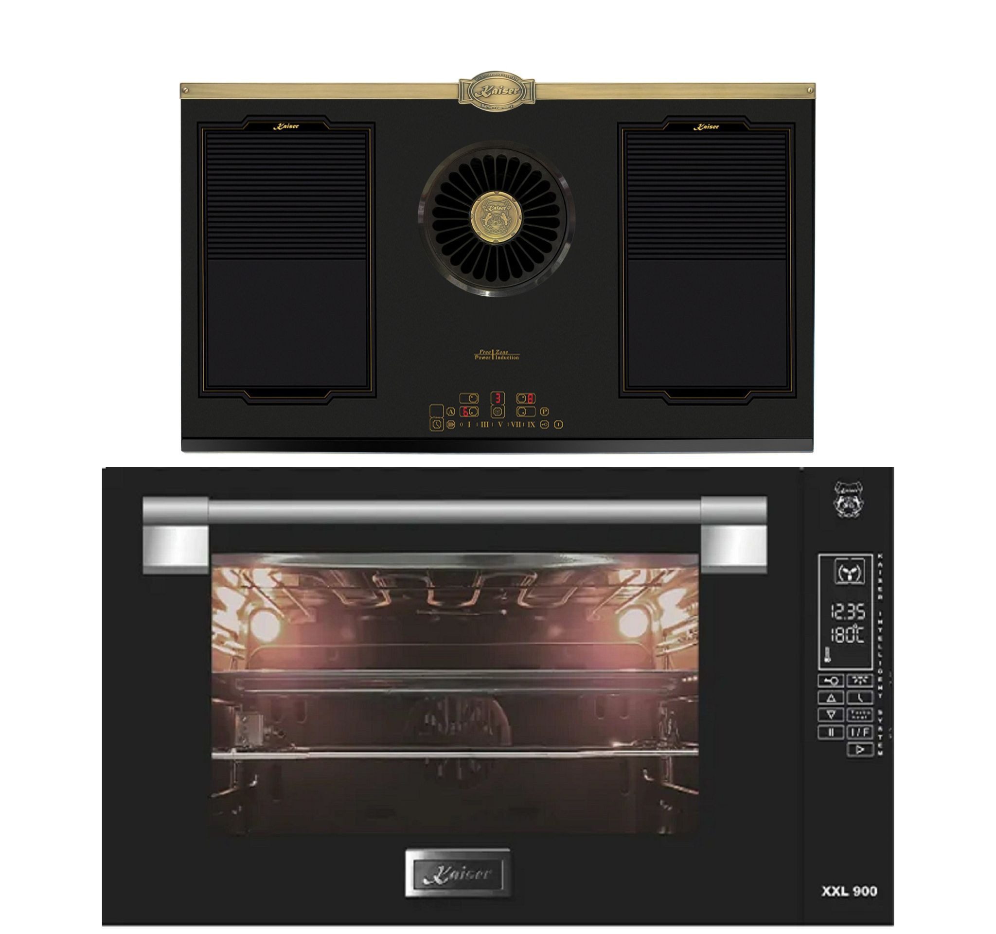 Kaiser Küchengeräte Backofen-Set Herd Set Autark Einbau Backofen 90 cm 105L Schwarzes Glas +Retro Induktionskochfeld mit integriertem Dunstabzug 1250 m³/h & Empire-Design in Bronze EH 9309+KCT 9365 IEm., mit 1-fach-Teleskopauszug