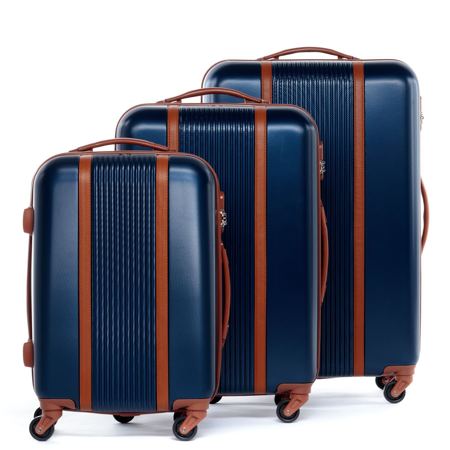 FERGÉ Kofferset 3 teilig Hartschale Milano, Trolley 3er Koffer Set, Reisekoffer 4 Rollen, Premium Rollkoffer blau-braun