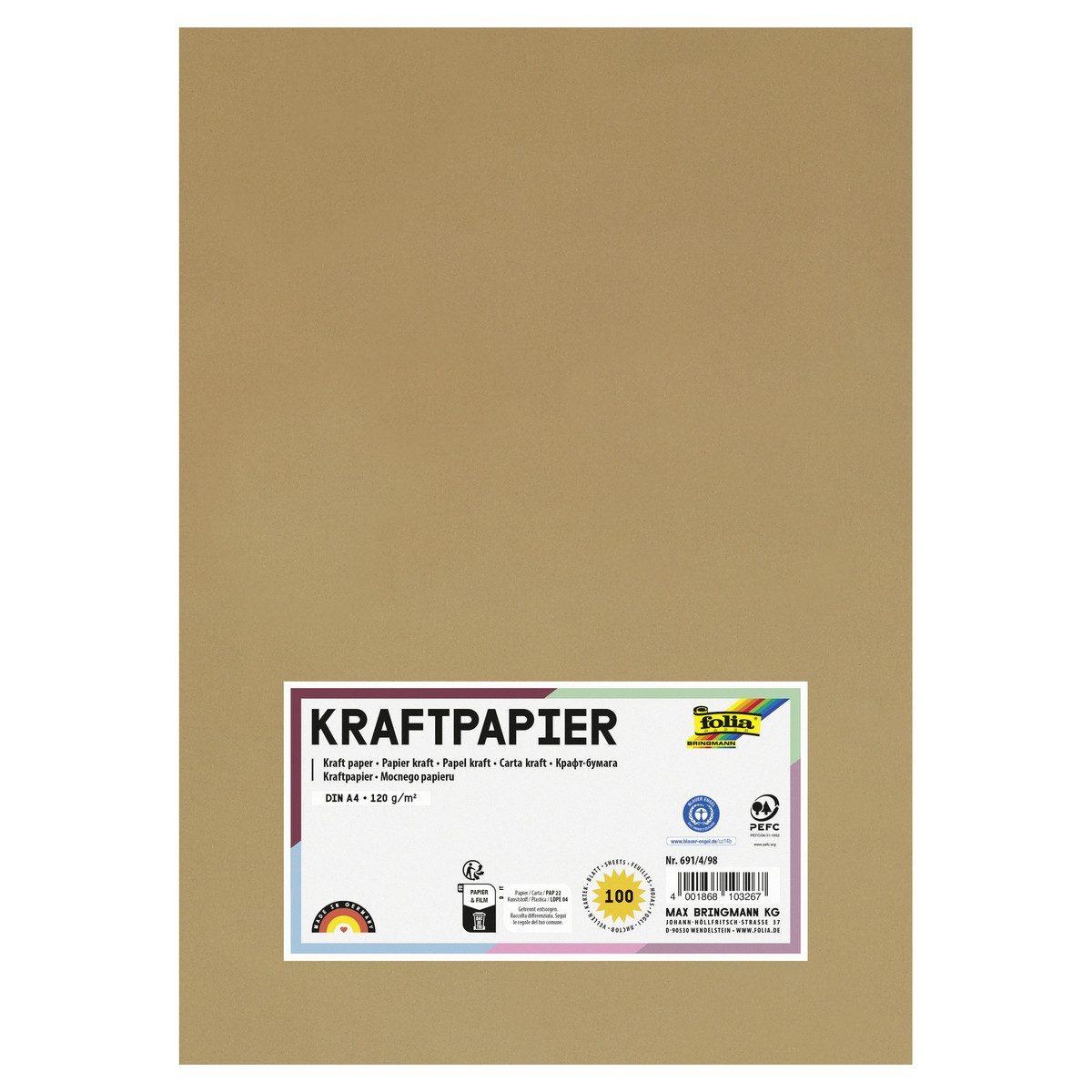 Folia Max Bringmann KG Kraftpapier folia Kraftpapier 120g/m² naturfarbig DIN A4 100 Blatt