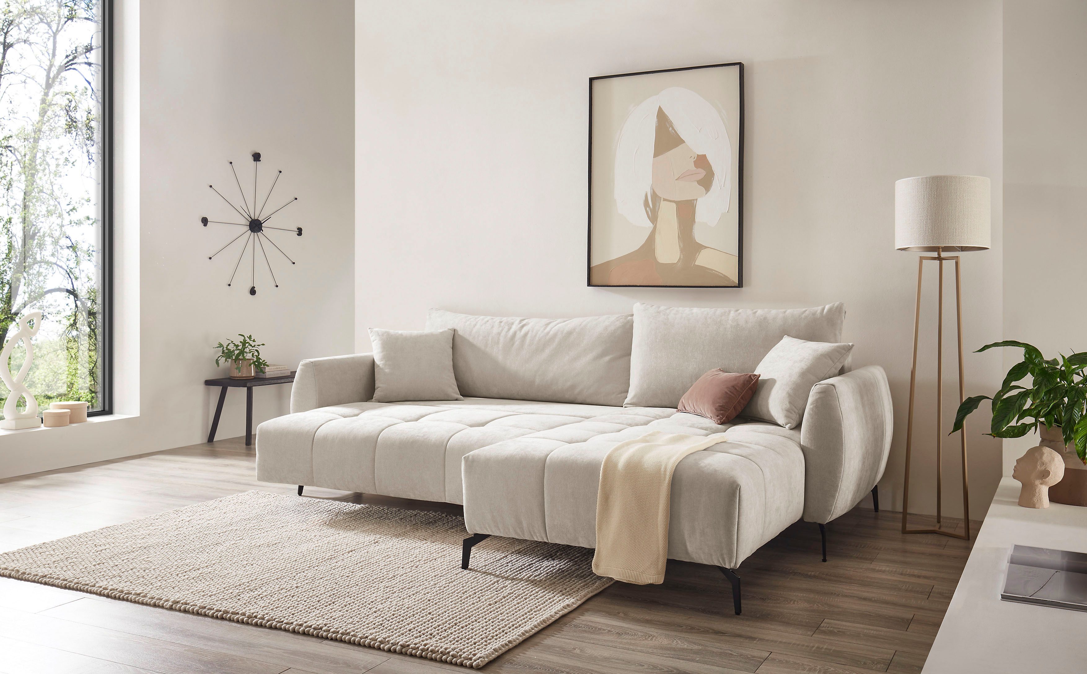 OTTO home Ecksofa JINNIE Chenille, L-Form, Polsterecke m. Schlaffunktion, Recamiere links/rechts montierbar, als Webstoff oder Chenille-Stoff