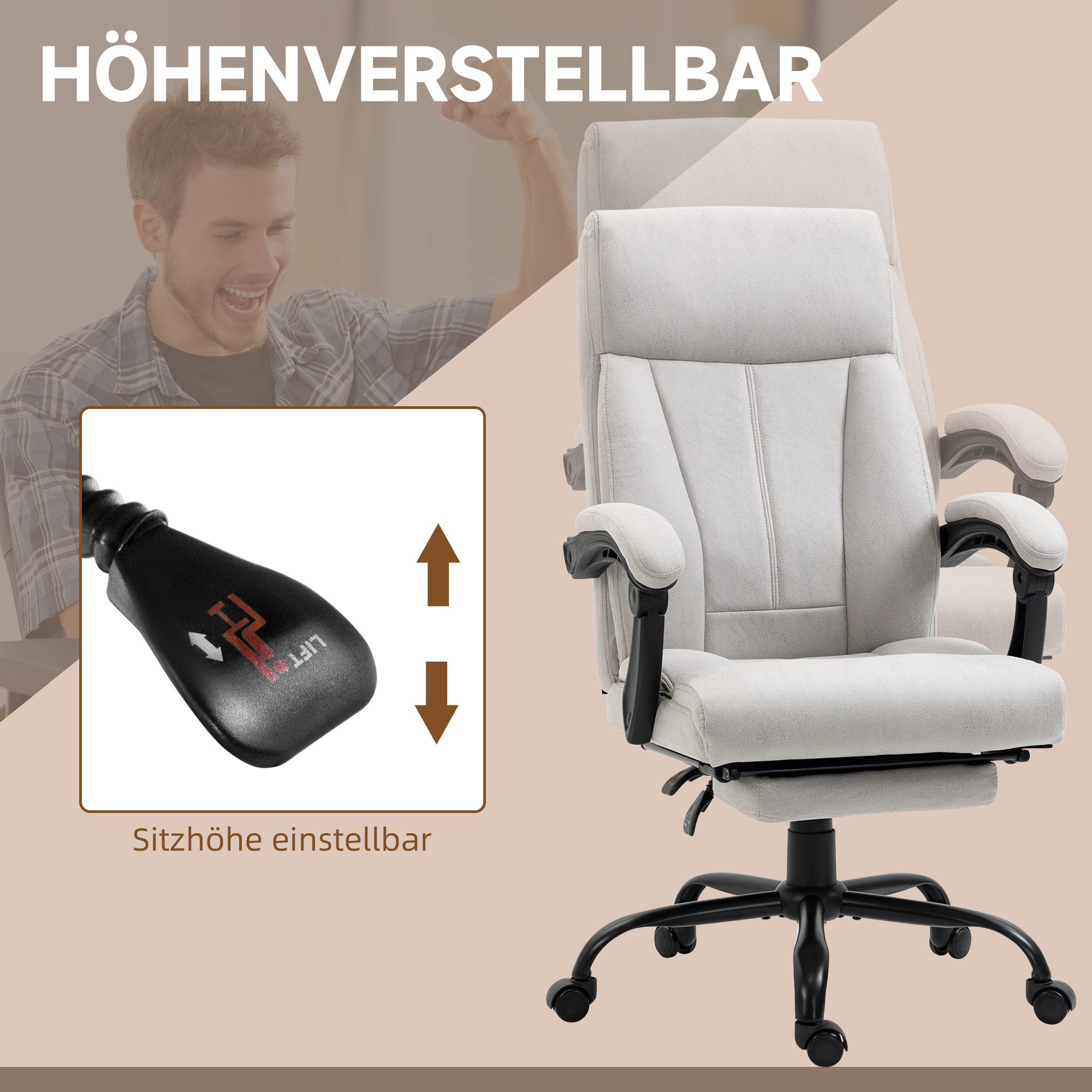 Vinsetto Schreibtischstuhl Bürostuhl mit Wippfunktion, Massagesessel (Chefsessel, 1 St), 120 kg Belastbar, Hellgrau – Bild 5 von 5