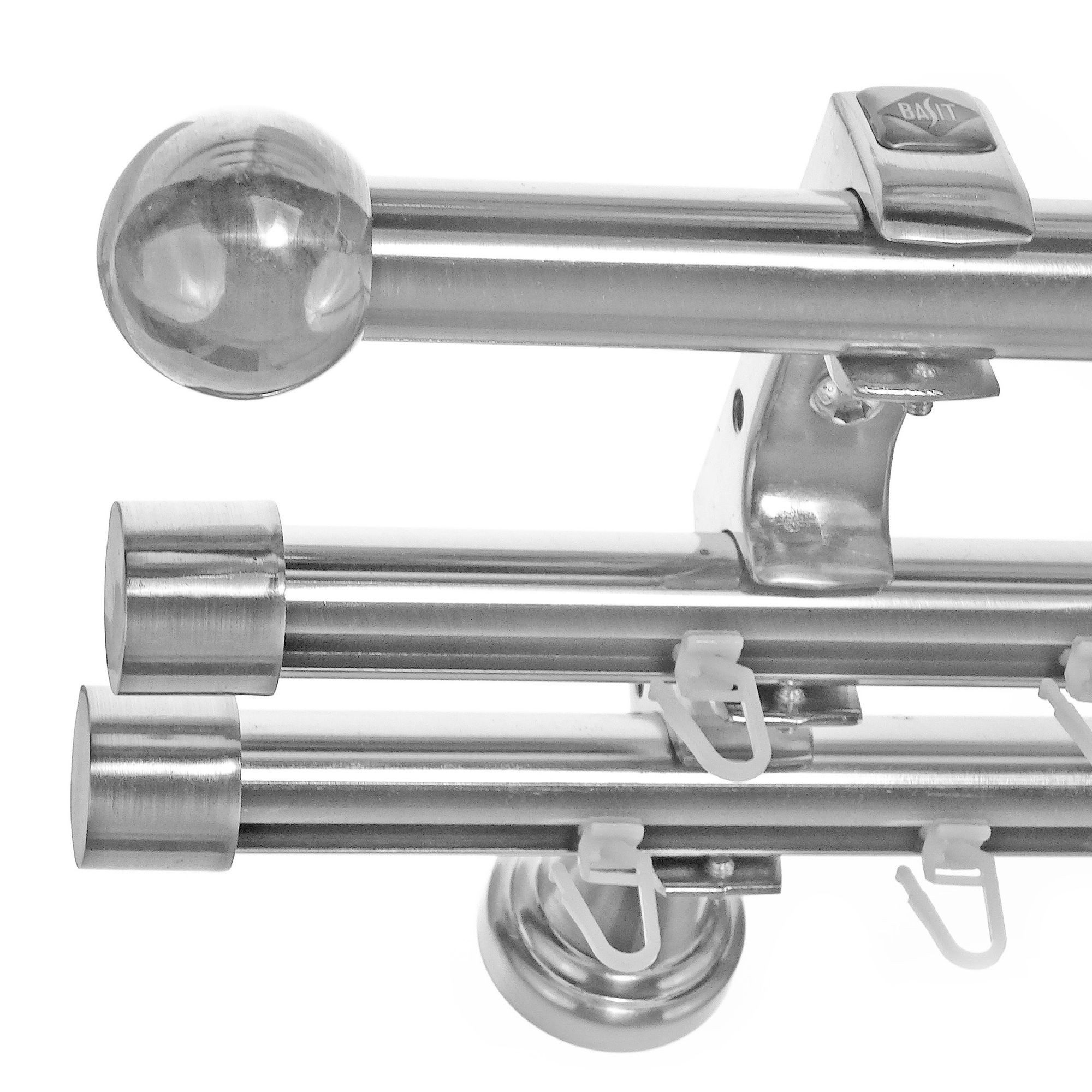 BASIT Gardinenstange Rohr und Innenlauf Edelstahloptik 20mm mit Wandträgern 360 cm E33, Ø 20 mm, 3-läufig, verschraubt, Metall, H60RII 360 cm E33 Kugel