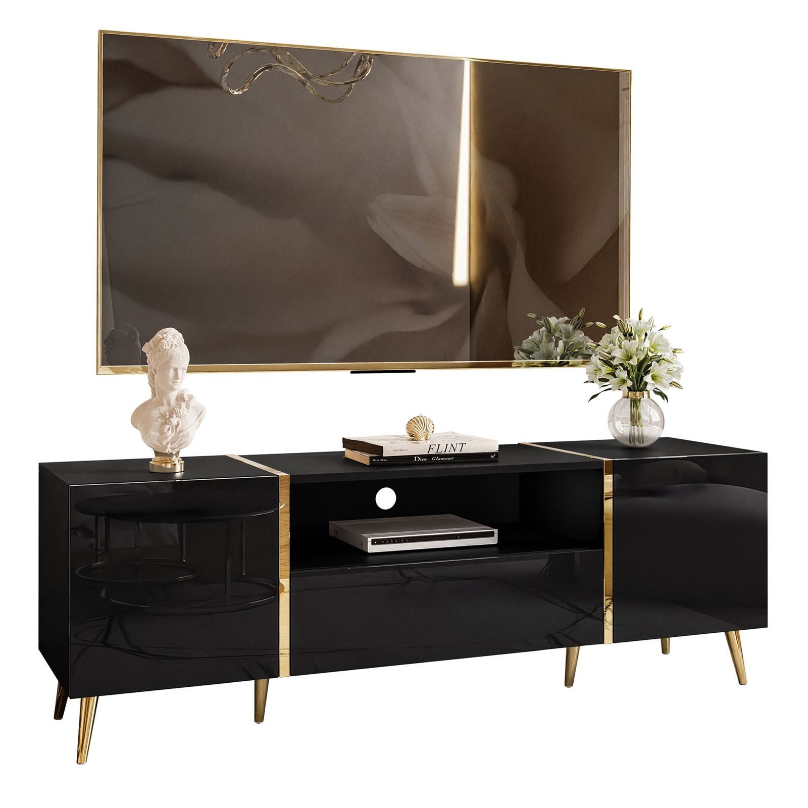 ALLHOUSE24 TV-Schrank DIAMANT GOLD Metall Beine Lowboard TV-Unterschrank BERLIN (1x TV Schrank) Breite 158 cm
