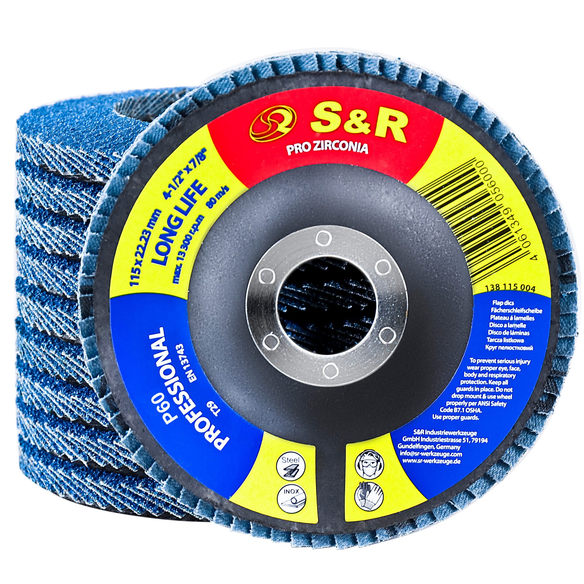 S&R Schleifscheibe Fächerschleifscheiben Set, 115 x 22,23 mm, Profi Qualität, (Set, 10 St., 10-teilig), T29, Lamellenschleifer Satz für Stahl, Edelstahl, Körnung P 60