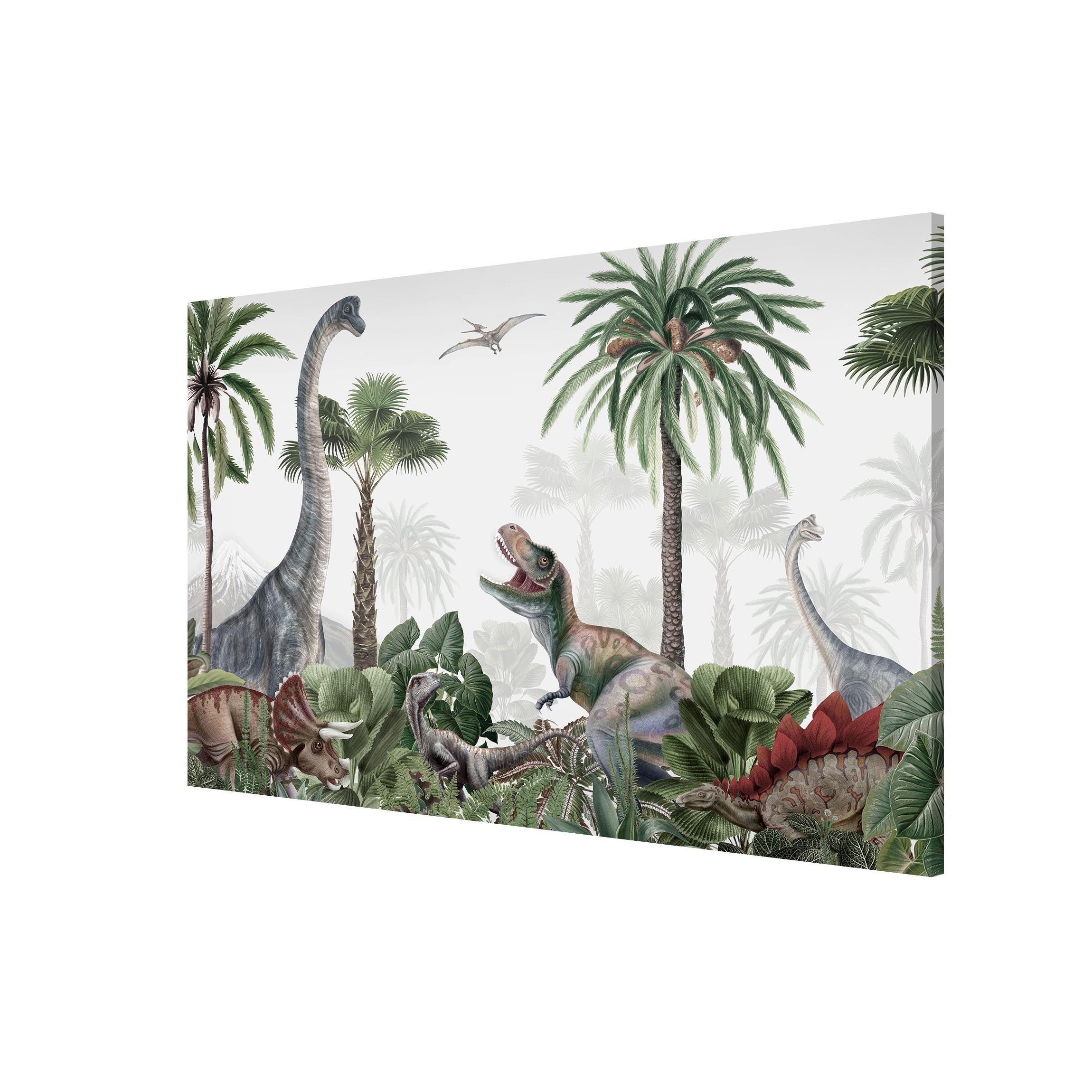 Bilderdepot24 Magnettafel Kinder grün Dinosauriergiganten im Dschungel, (1-tlg., Magnetboard Pinnwand für die Wand - metallische Tafel für Magnete), Magnetwand groß mit Motiv Kinderzimmer Memoboard magnetisch Querformat