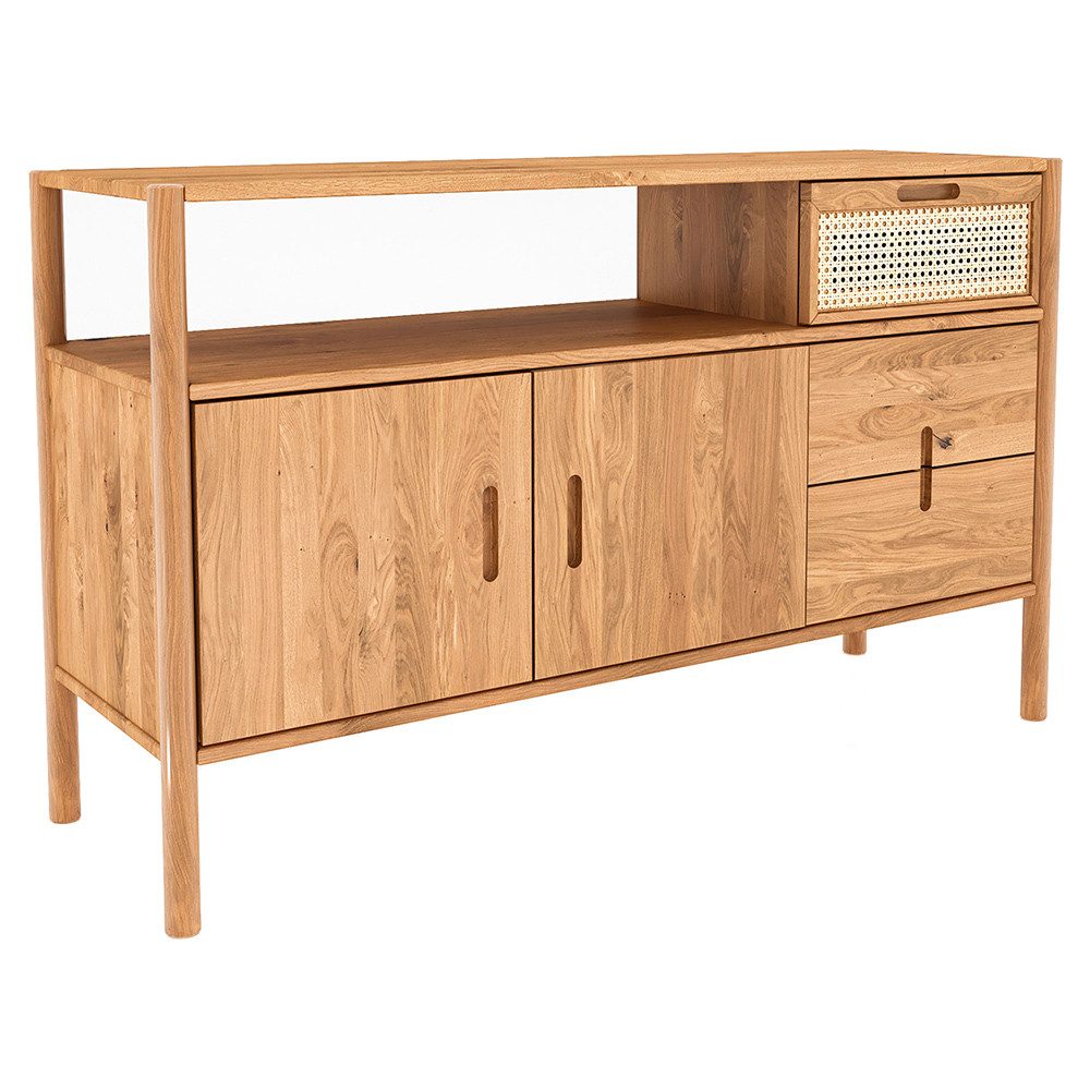 Lomadox Sideboard PORI-165, Eiche massiv geölt, 142 cm breit, Rattangeflecht, montierte Lieferung