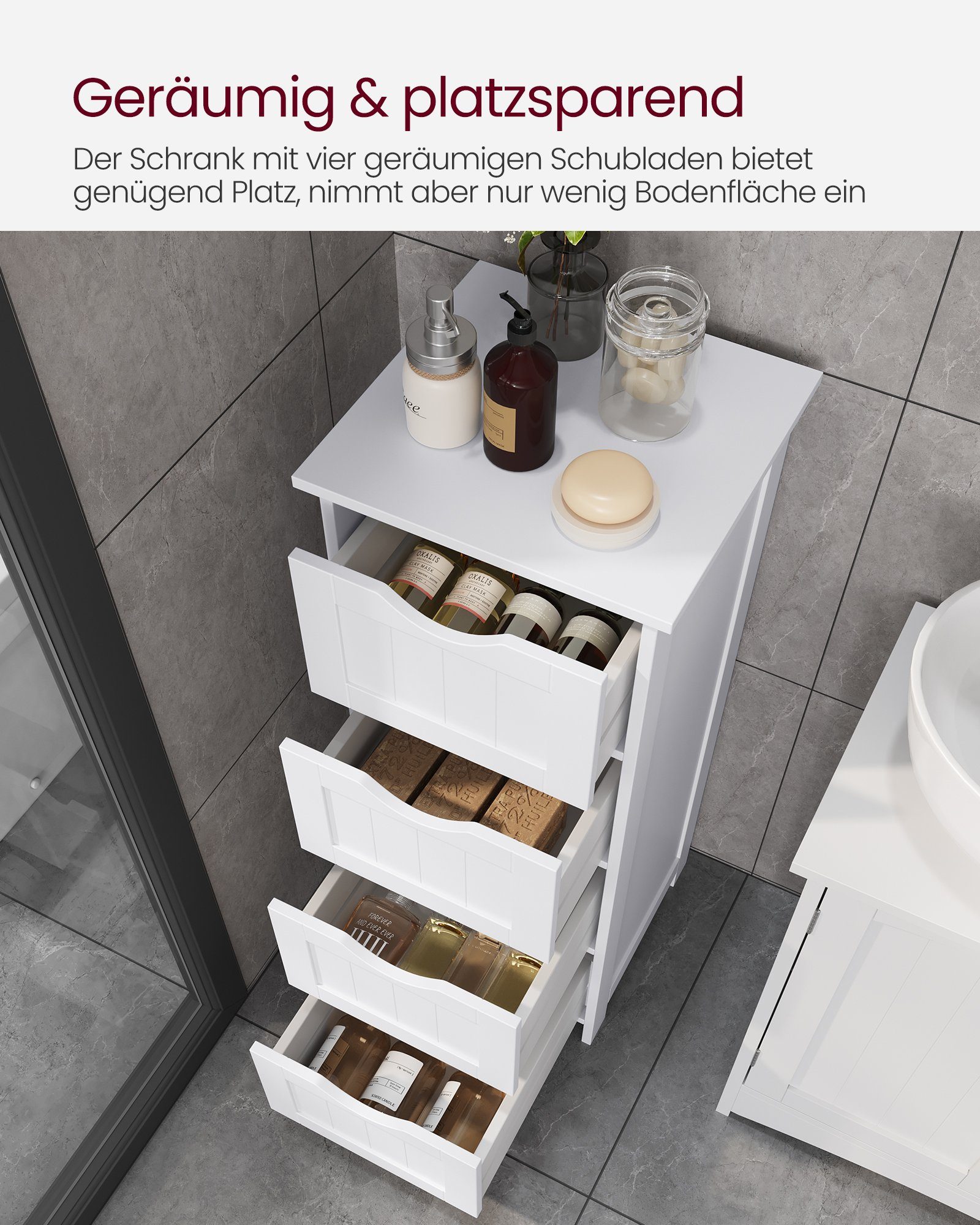 VASAGLE Badkommode Badezimmerschrank Badschrank Beistellschrank, mit 4 Schubladen