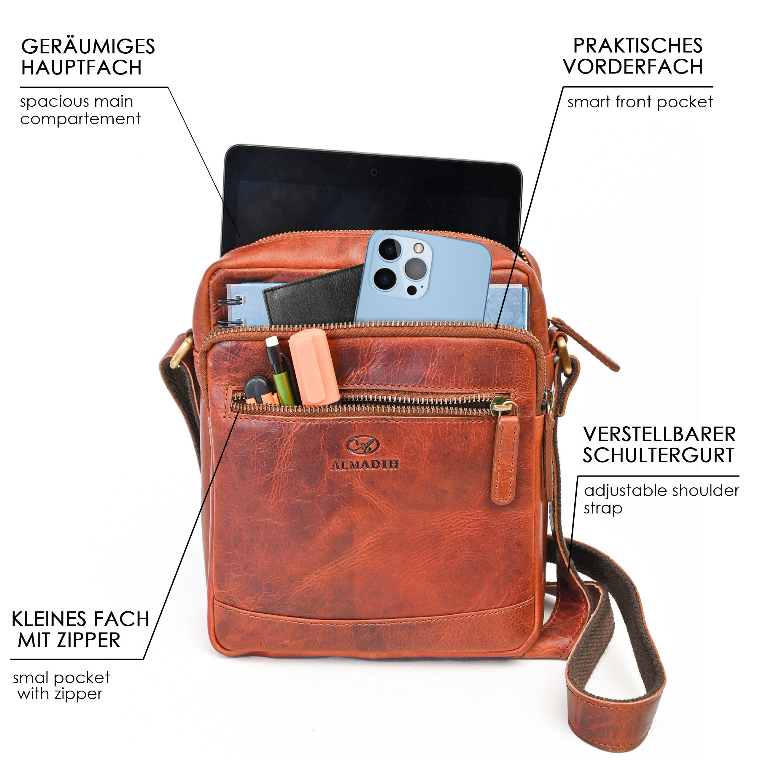 ALMADIH Umhängetasche Leder Herren EMIL 9.7 Zoll iPad Ledertasche für Reise günstig online kaufen