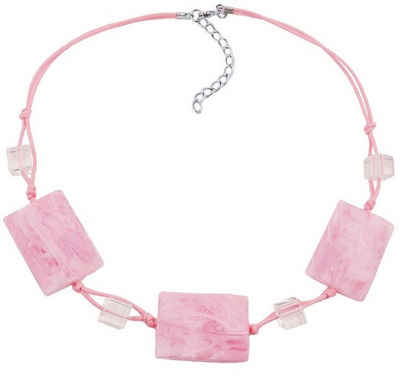 unbespielt Collier Kette mit gewellten Viereck-Kunststoffperlen rosa-marmoriert 45 cm, Modeschmuck für Damen