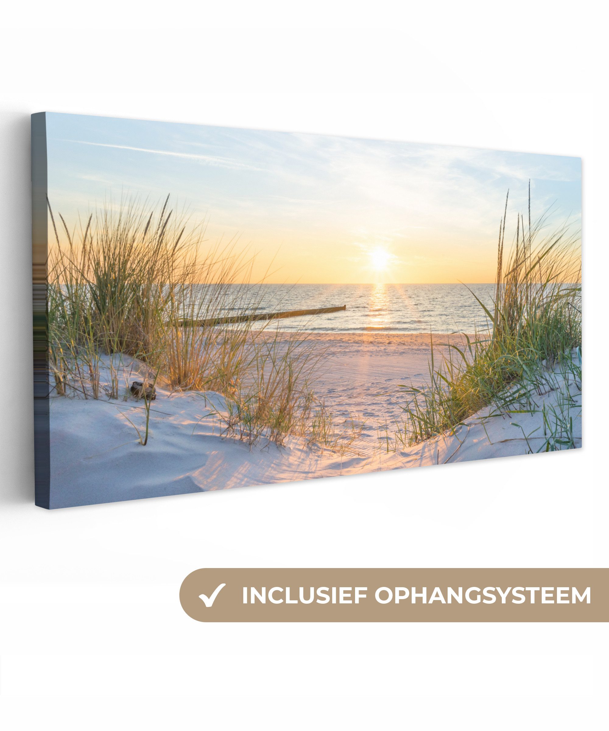 OneMillionCanvasses® Leinwandbild Panorama Strand - Sonne - Düne - Gras - Sand - Horizont, Fotodruck (1 St), Wandbild, Deko Schlafzimmer Wohnzimmer Flur 40x20 cm