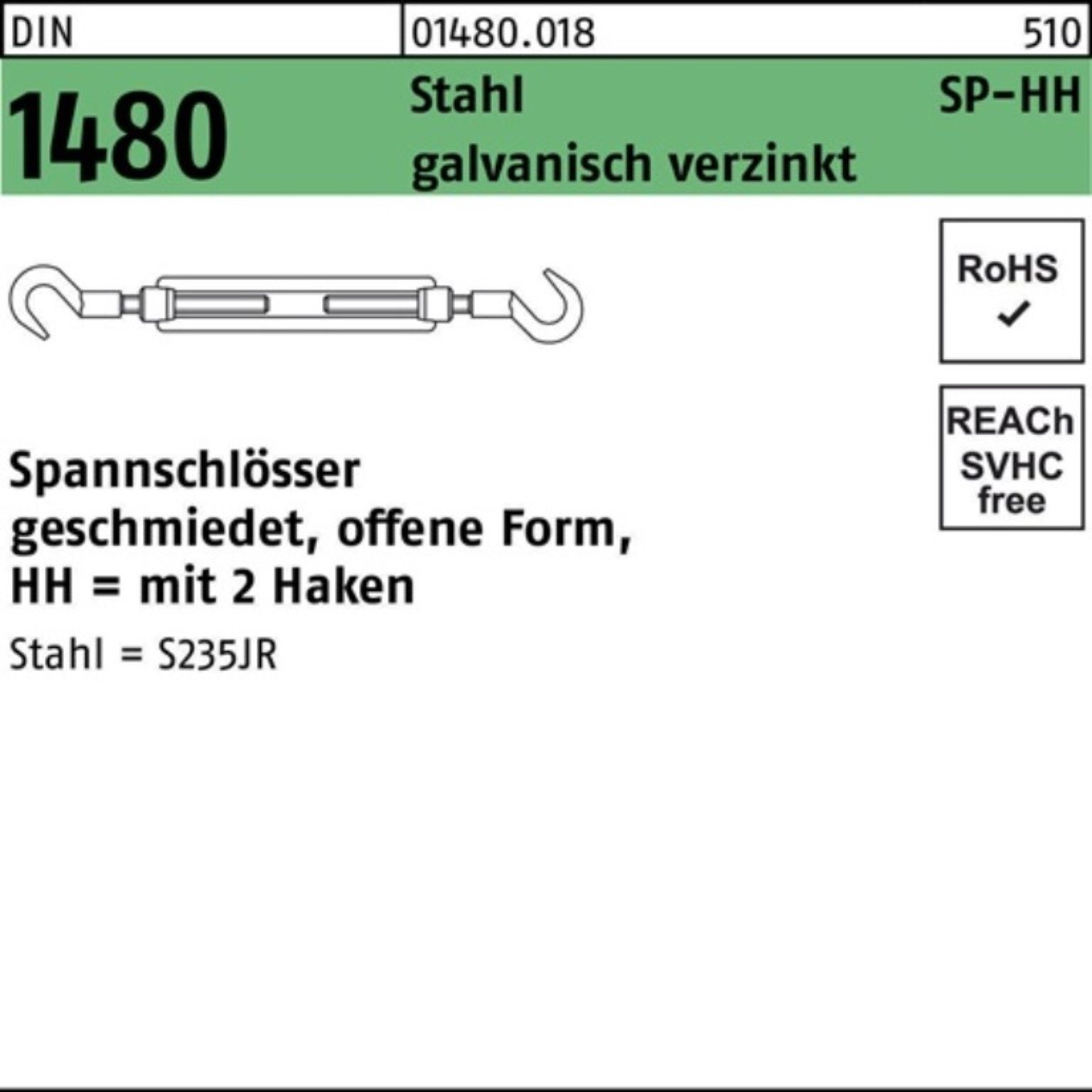 Reyher Spannschloss 100er Pack Spannschloss DIN 1480 offen 2Haken SP HH M10 Stahl 3.6 galv