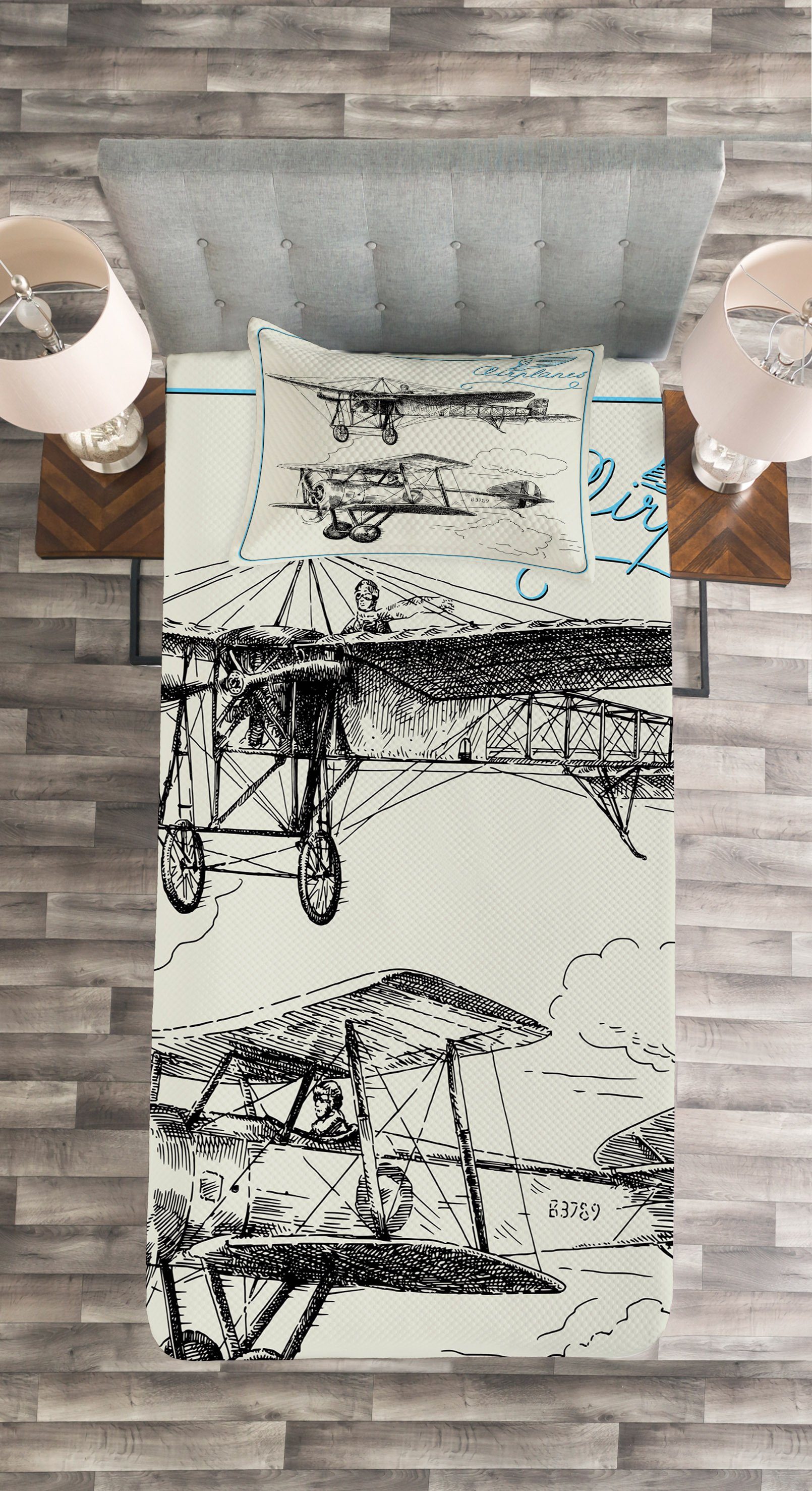 Abakuhaus, Nostalgisch mit Kissenbezügen Flugzeug Tagesdecke Jets Sky Waschbar, Set in