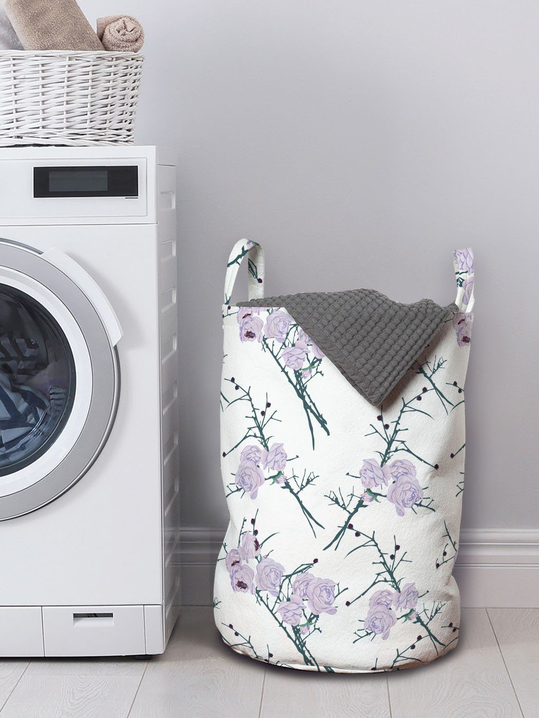 Abakuhaus Wäschesäckchen Wäschekorb mit Griffen für Waschsalons, White Rose Blumen Bundle Dornige Kordelzugverschluss