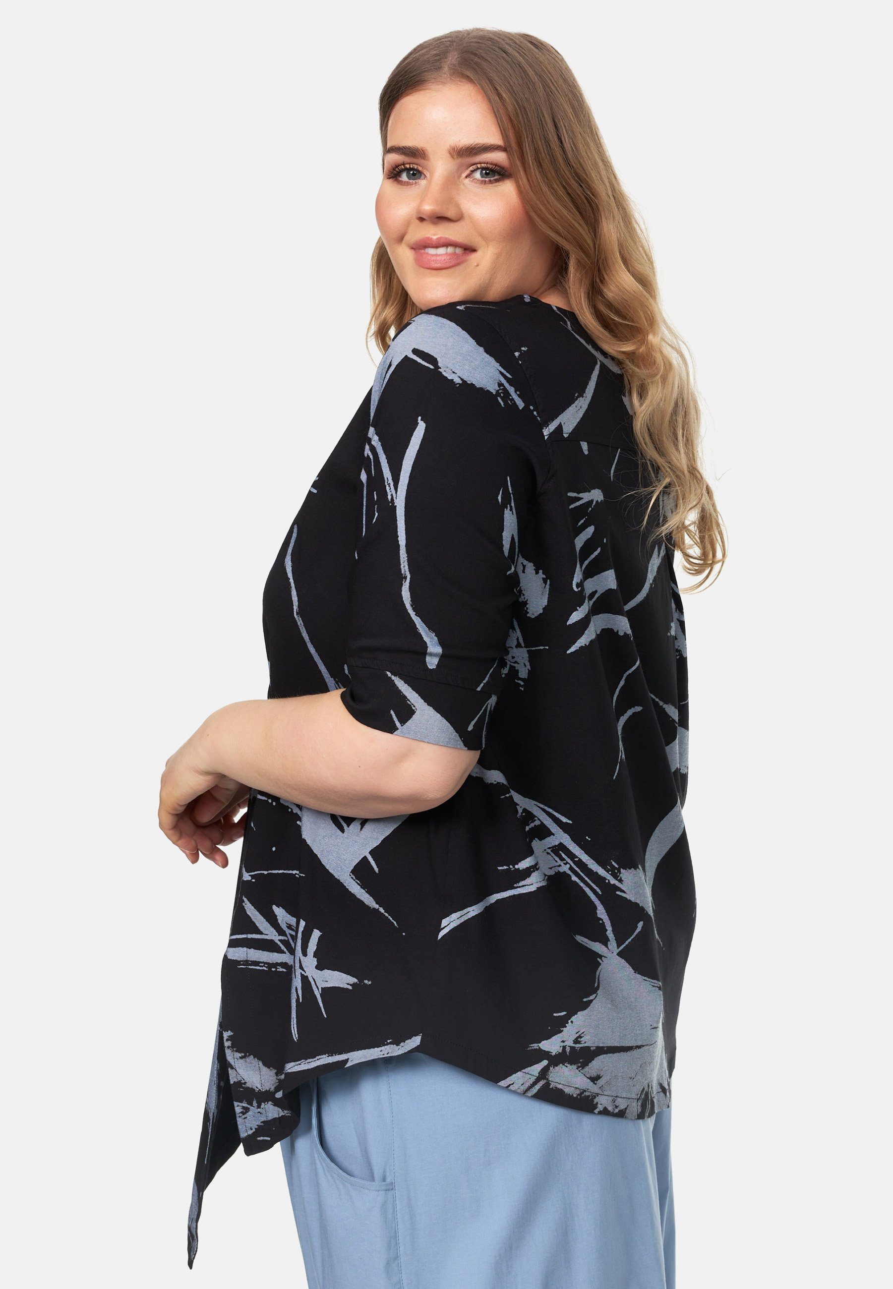 Kekoo Tunikashirt Tunika asymmetrischem in mit Shirt 'Flora' A-Line Saum Muster Schwarz