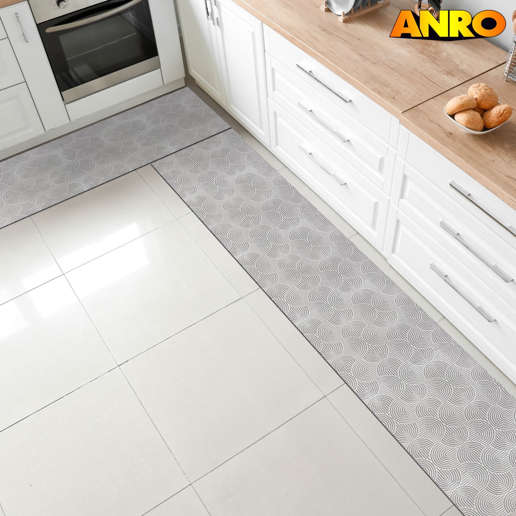 ANRO Läufer Velora Teppichläufer hochwertig Küchenteppich, Rechteckig, Höhe: 3 mm, Küchen- Flurläufer 100cm Bauhaus Grau pflegeleicht