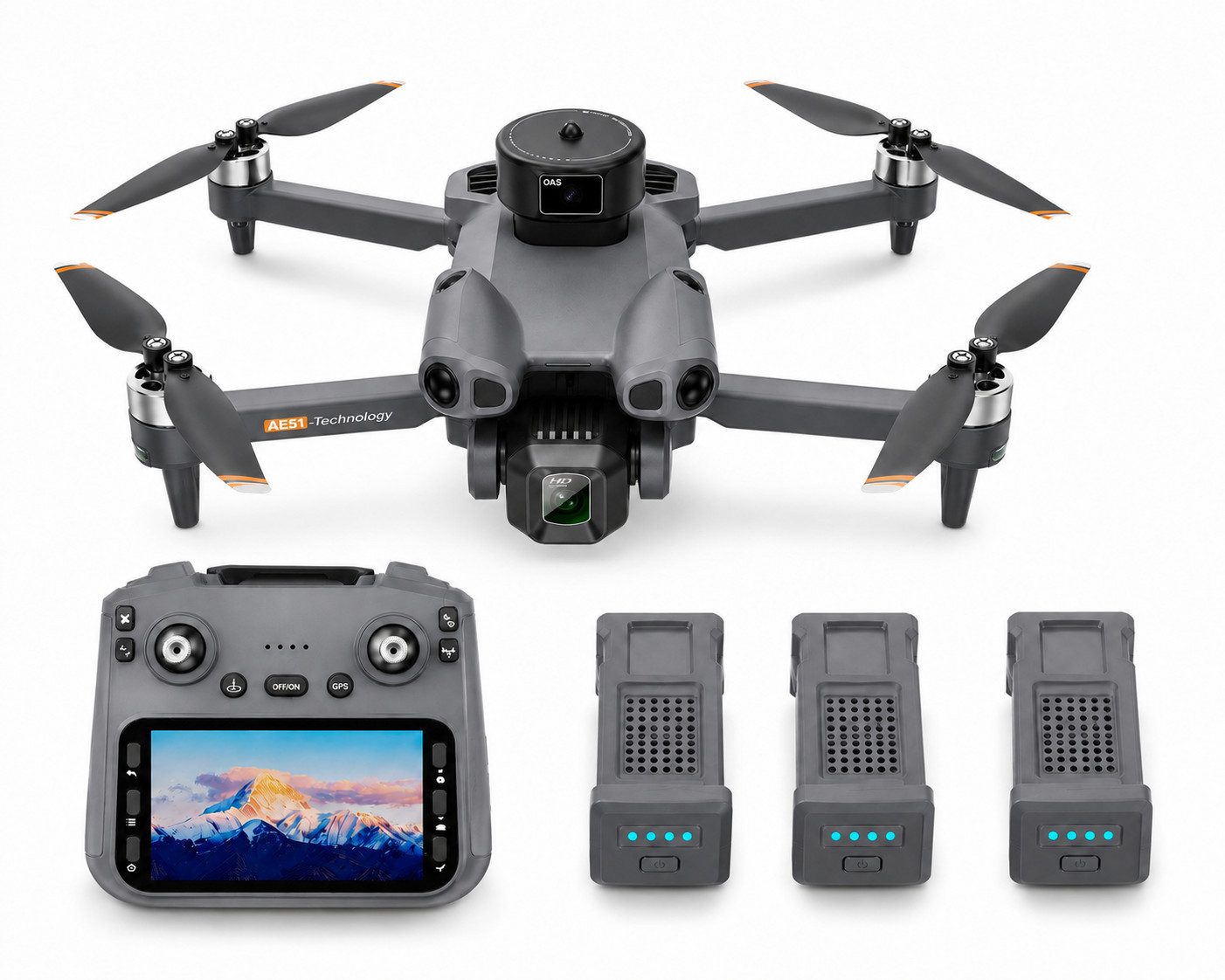 Goldstern-Tech RC-Quadrocopter AE51 (mit HD-Kamera, 4,5-Zoll-Display-Fernsteuerung), Hinderniserkennung, Return-to-Home, bis 50 min Flugzeit