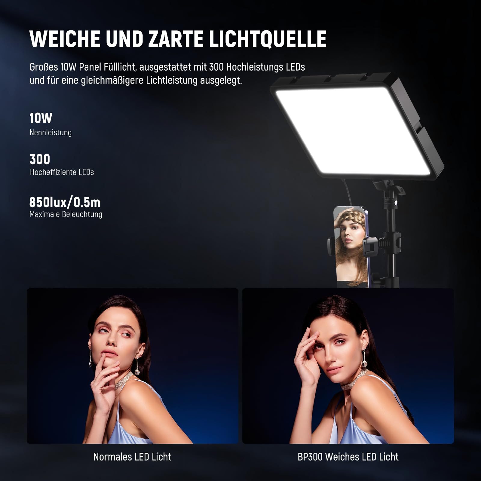 Neewer Videoleuchte BP300 2x LED Videolicht Panel, Bi Color Dimmbare, mit 150cm Stativ, Telefonhalter, 2700 - 6500K, 850Lux, Dauerlicht Fotolicht für Studio