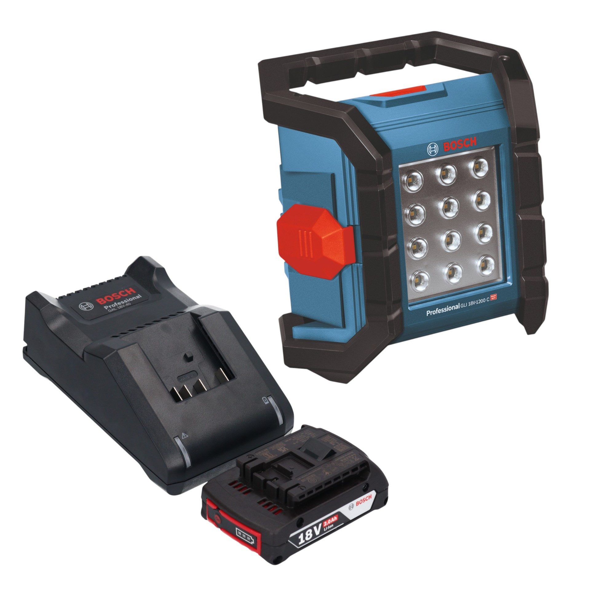 Bosch Professional Baustrahler GLI 18V-1200 C Professional 18 V 1200 lm + 1x Akku 2,0 Ah + Lader