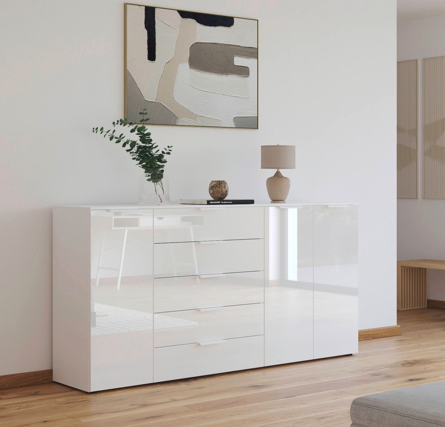 rauch Kombikommode Kommode Türkommode Sideboard Kombikommode FLIPP mit Glasfront (Breite 200 cm mit 4 Einlegeböden), 3-türig mit 5 Schubladen und Soft-Close-Funktion sowie Glasfront